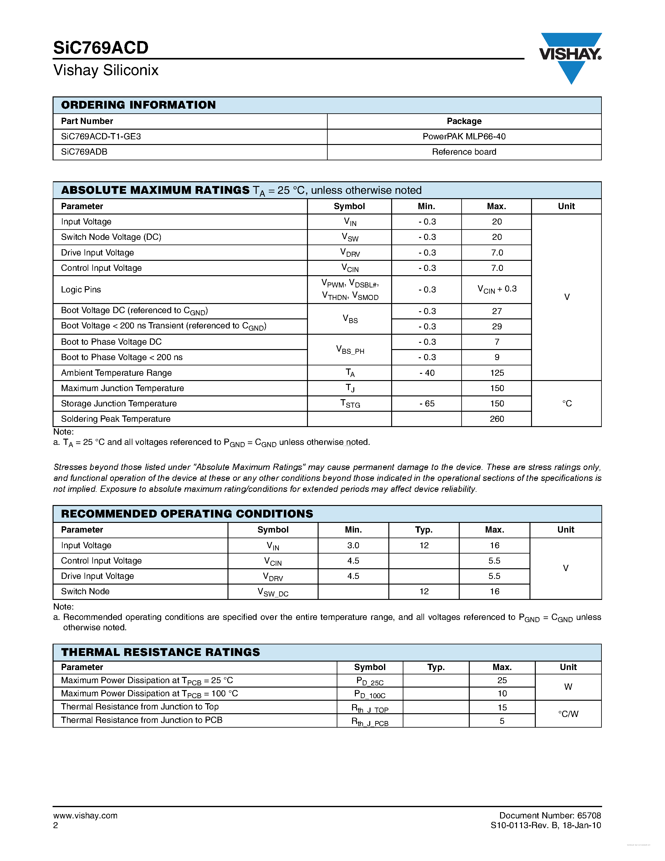 Datasheet SIC769ACD - Integrated DrMOS Power Stage page 2