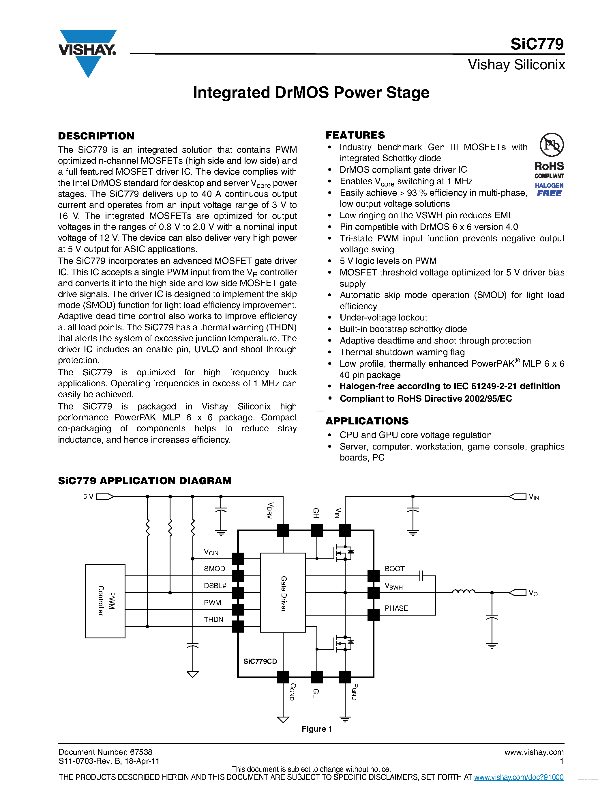 Datasheet SIC779 - Integrated DrMOS Power Stage page 1