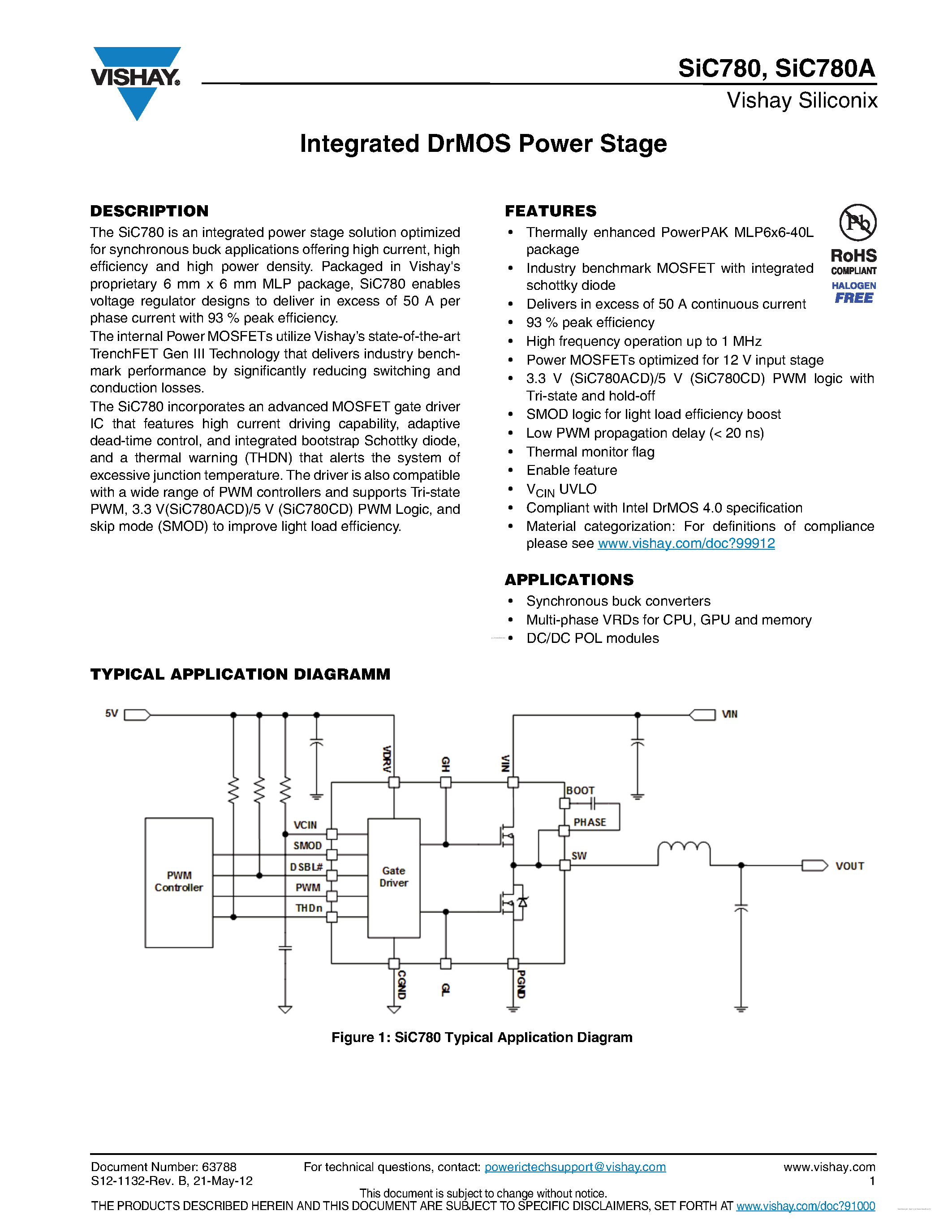 Datasheet SIC780 - Integrated DrMOS Power Stage page 1