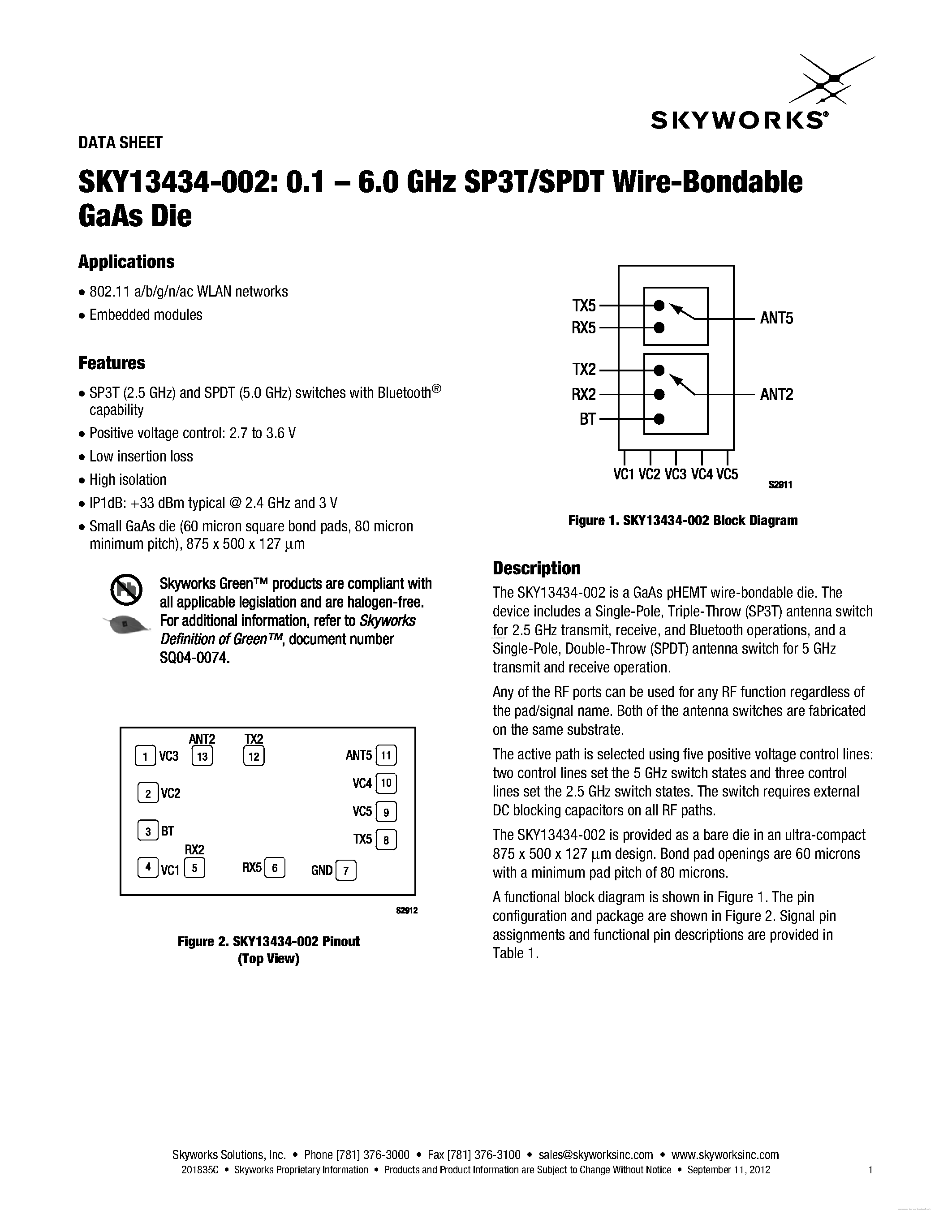 Datasheet SKY13434-002 - 0.1 - 6.0 GHz SP3T/SPDT Wire-Bondable GaAs Die page 1