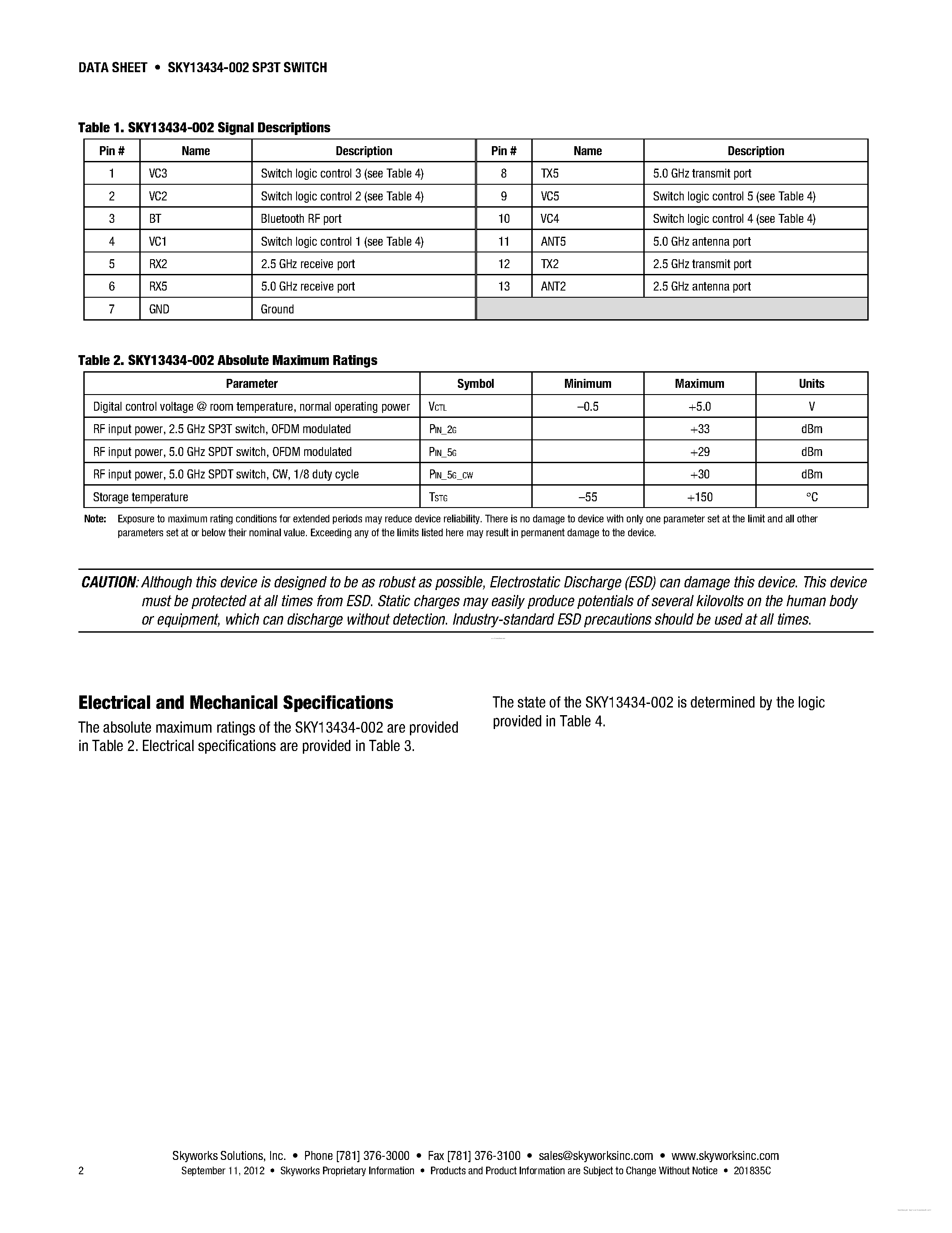 Datasheet SKY13434-002 - 0.1 - 6.0 GHz SP3T/SPDT Wire-Bondable GaAs Die page 2