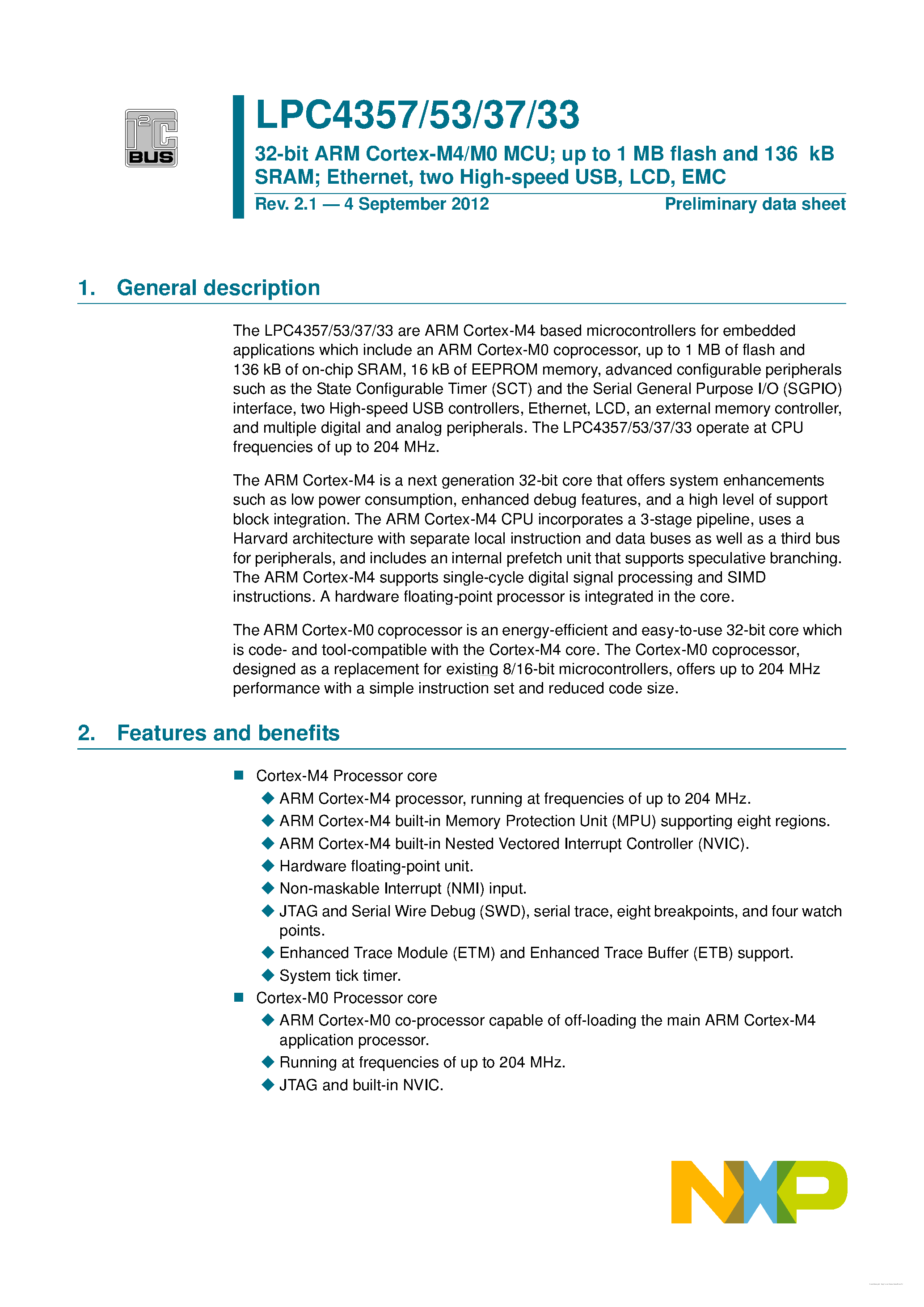 Даташит на микросхему LPC4333 страница 1 Даташит LPC4333 - (LPC4333 - LPC4357) 32-bit ARM Cortex-M4/M0 MCU страница 1