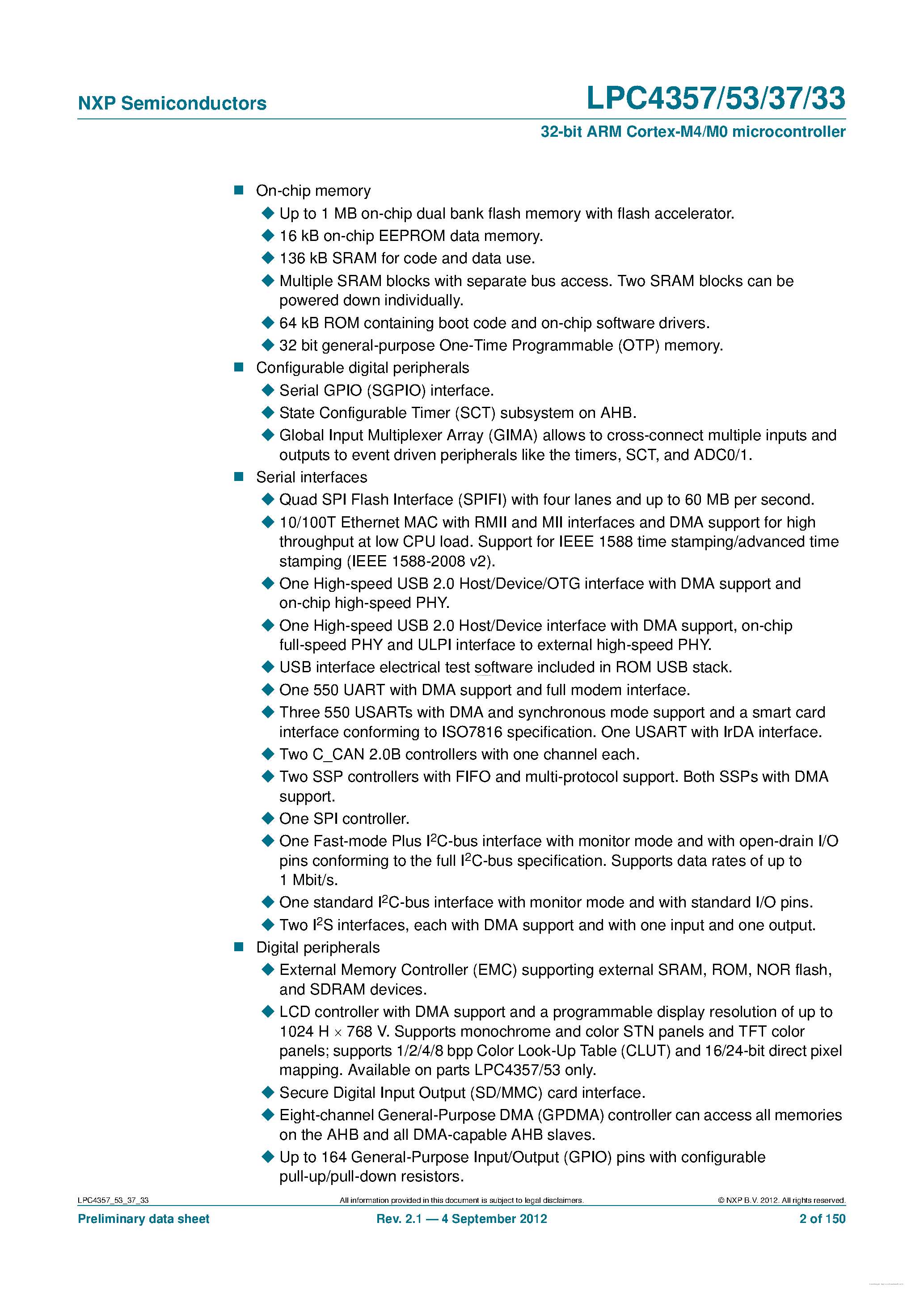 Даташит на микросхему LPC4333 страница 2 Даташит LPC4333 - (LPC4333 - LPC4357) 32-bit ARM Cortex-M4/M0 MCU страница 2