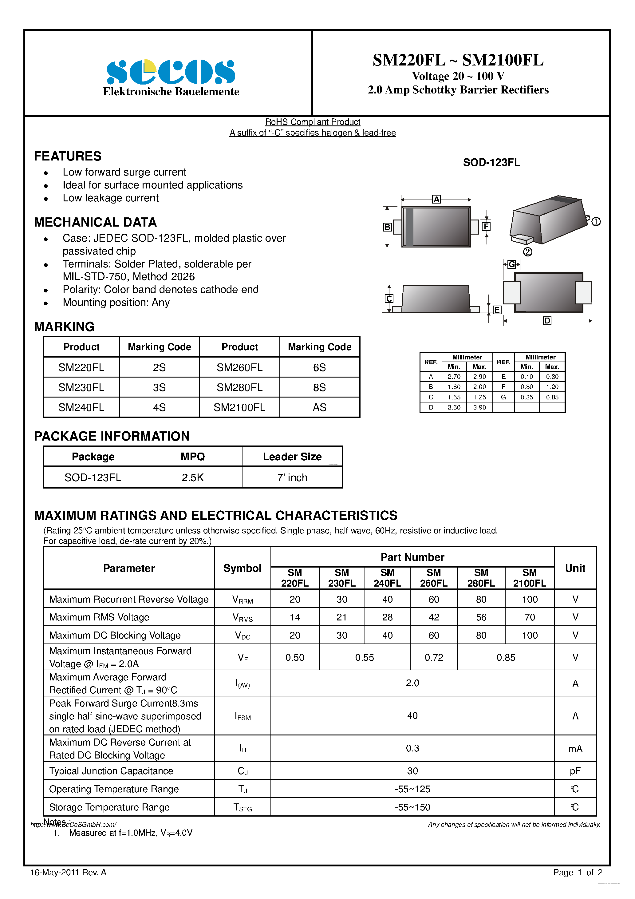 Даташит SM2100FL-(SM220FL - SM2100FL) Schottky Barrier Rectifiers страница 1