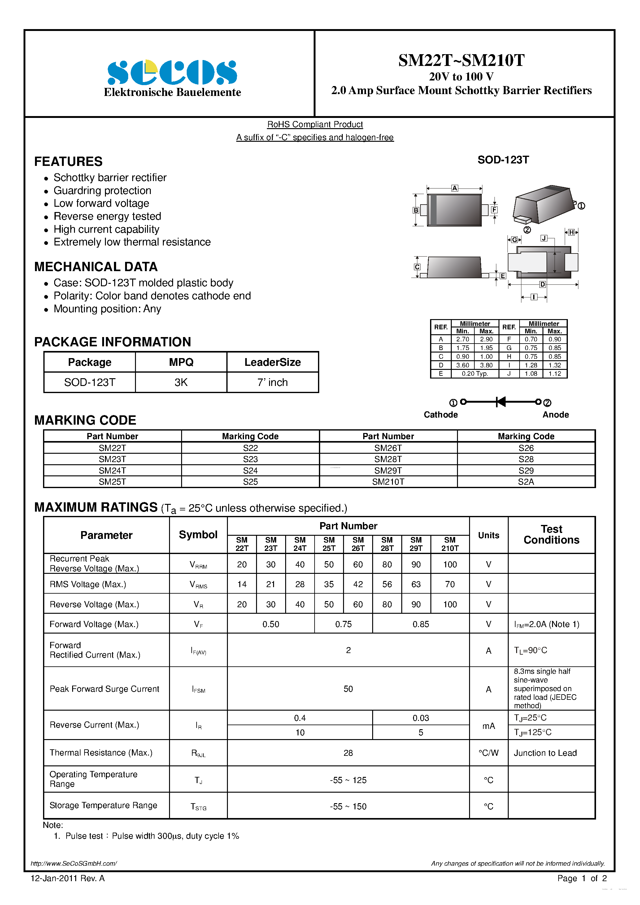 Datasheet SM210T - (SM22T - SM210T) Surface Mount Schottky Barrier Rectifiers page 1