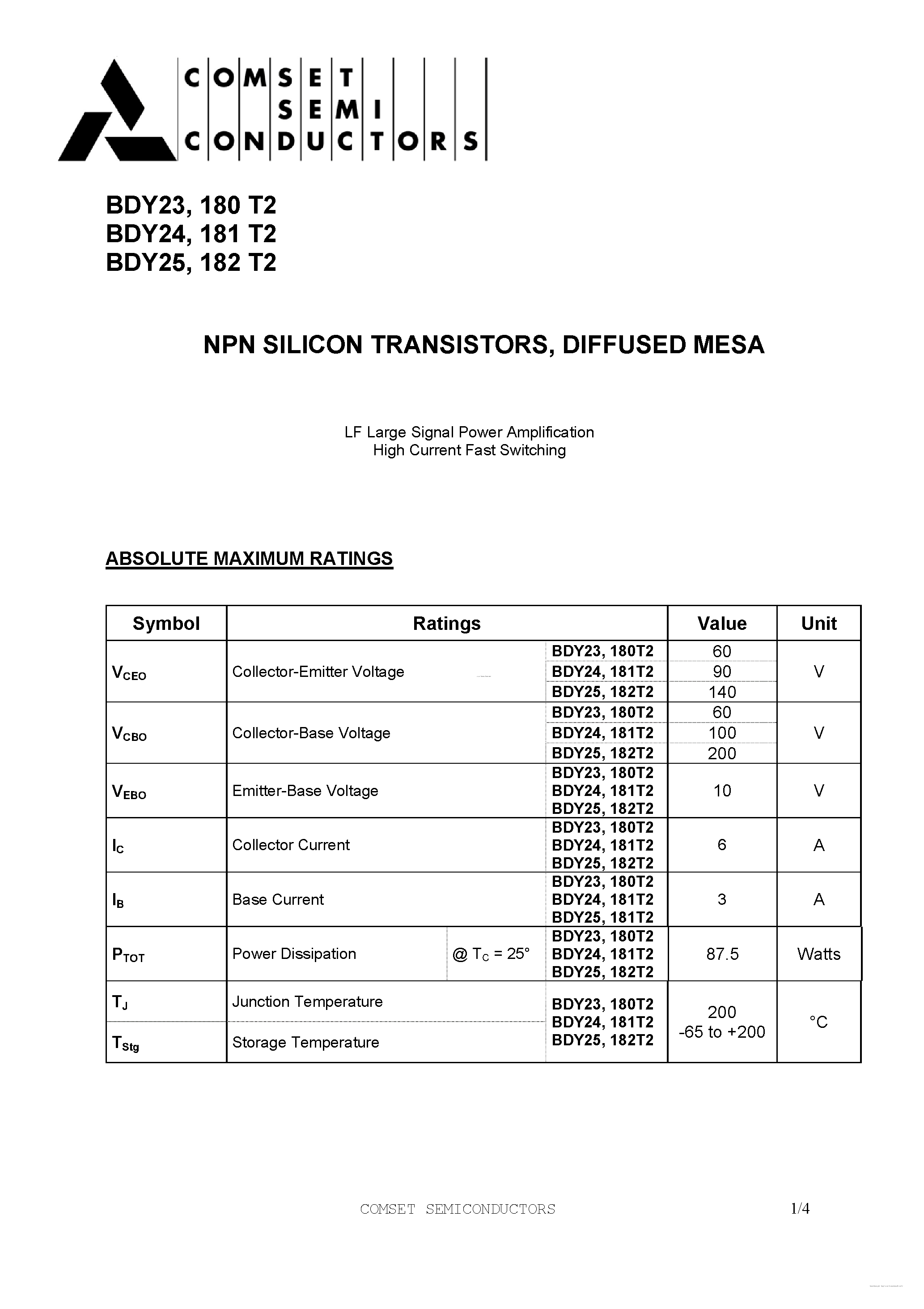 Даташит на микросхему BDY23 страница 1 Даташит BDY23 - (BDY23 - BDY25)NPN SILICON TRANSISTORS страница 1