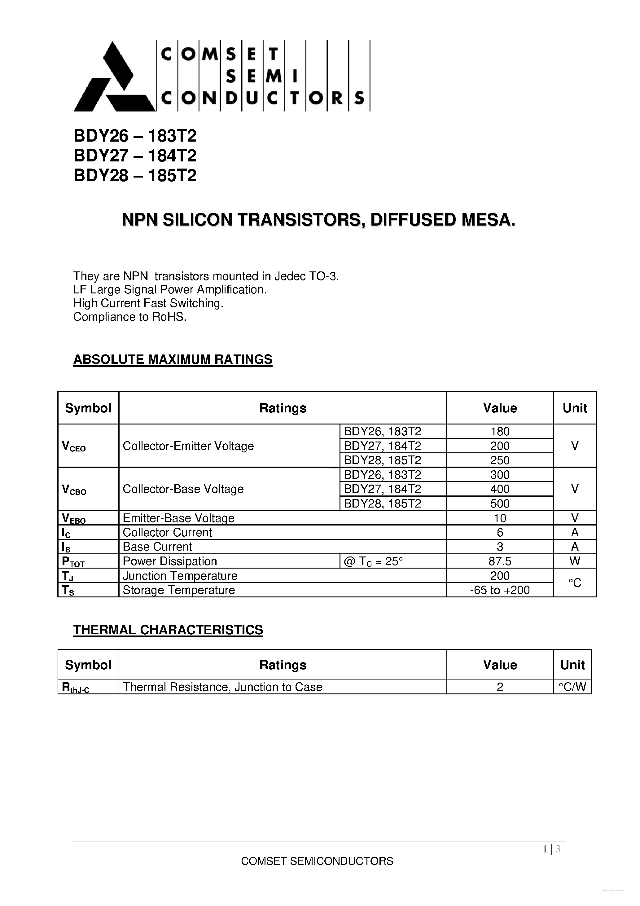 Даташит на микросхему BDY26 страница 1 Даташит BDY26 - (BDY26 - BDY28) NPN SILICON TRANSISTORS страница 1