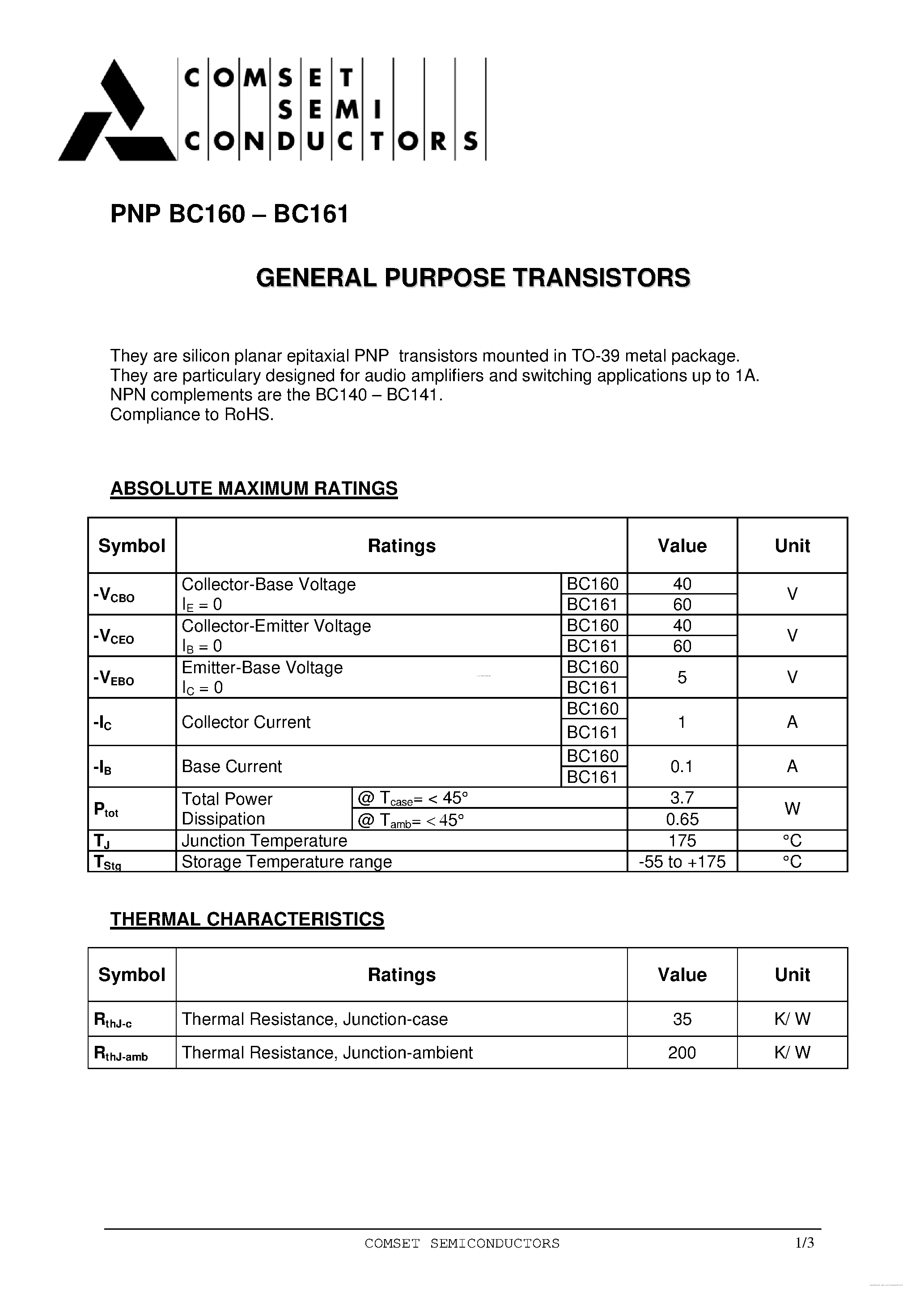 Даташит BC160 - (BC160 / BC161) GENERAL PURPOSE TRANSISTORS страница 1