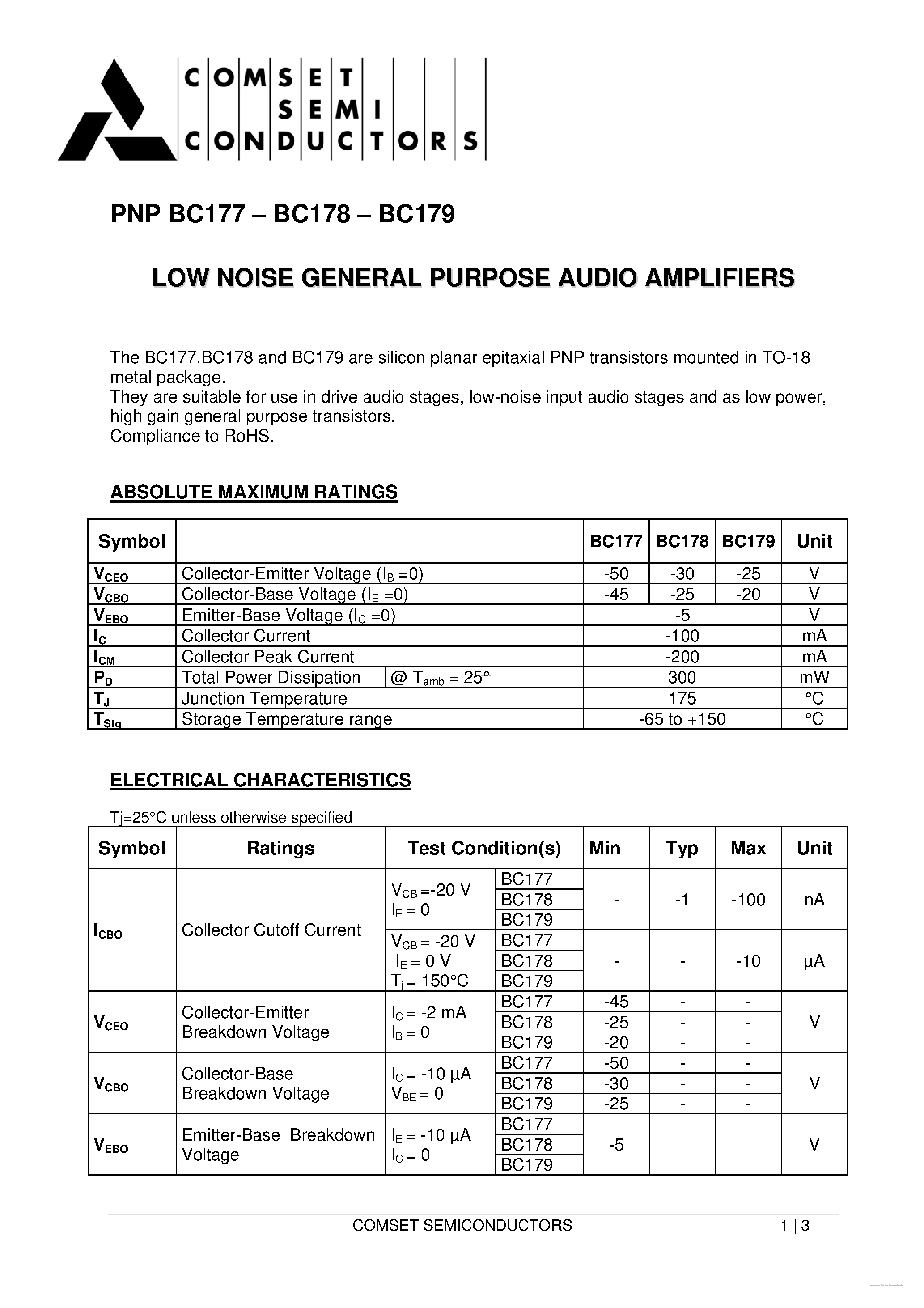Datasheet BC177 - (BC177 - BC179) LOW NOISE GENERAL PURPOSE AUDIO AMPLIFIERS page 1