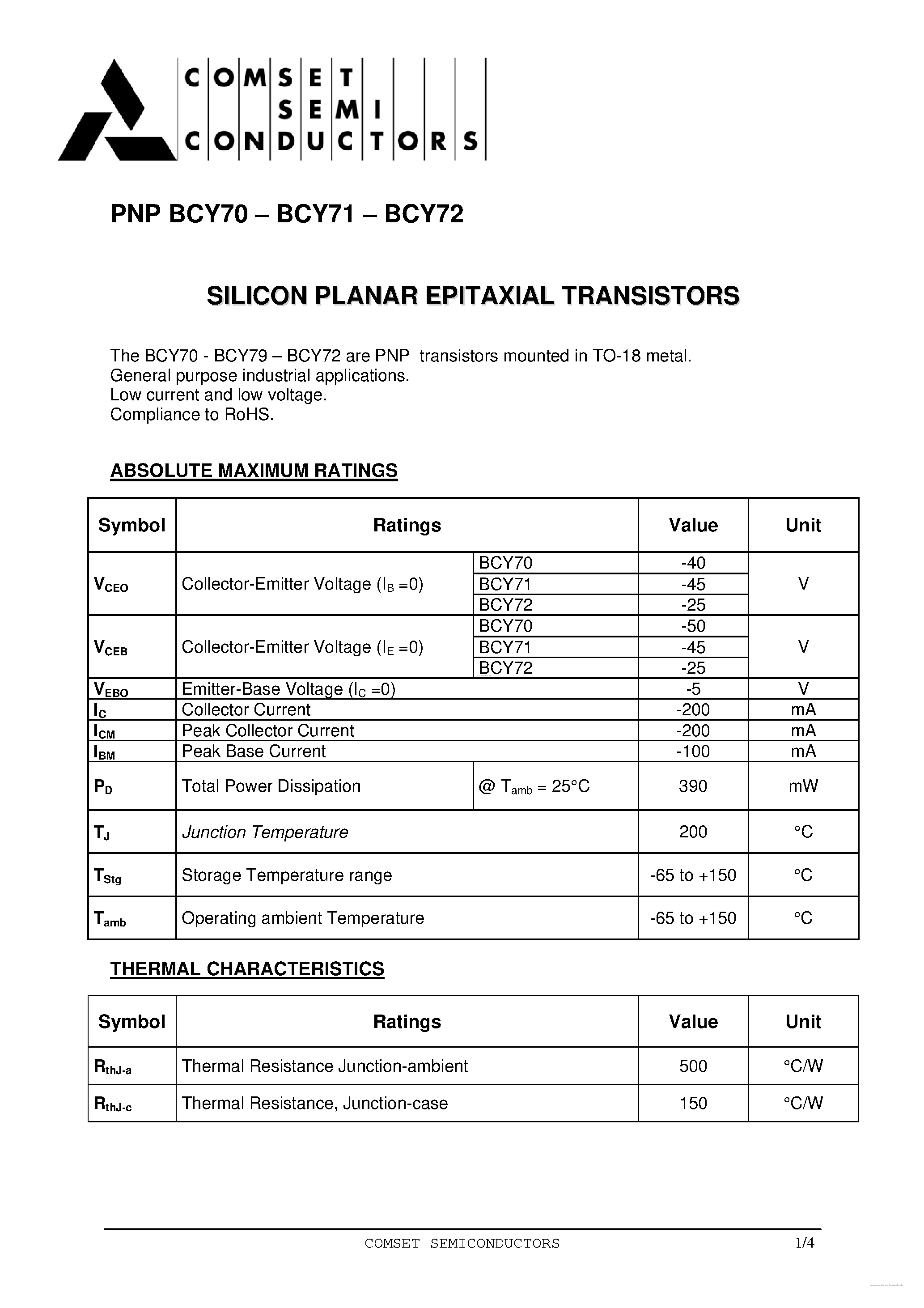 Даташит BCY70 - (BCY70 - BCY72) Silicon Planar Epitaxial Transistors страница 1