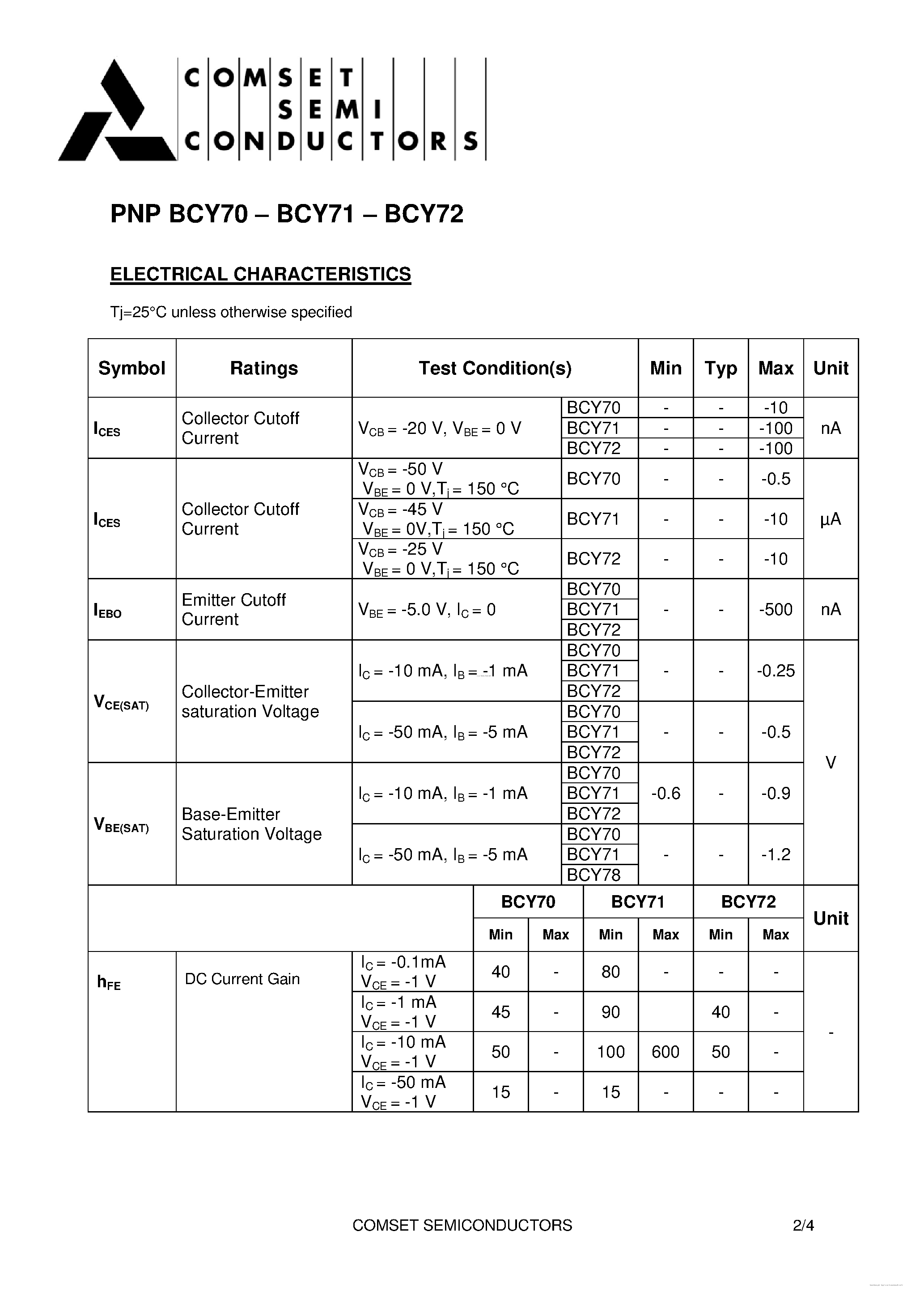 Даташит BCY70 - (BCY70 - BCY72) Silicon Planar Epitaxial Transistors страница 2