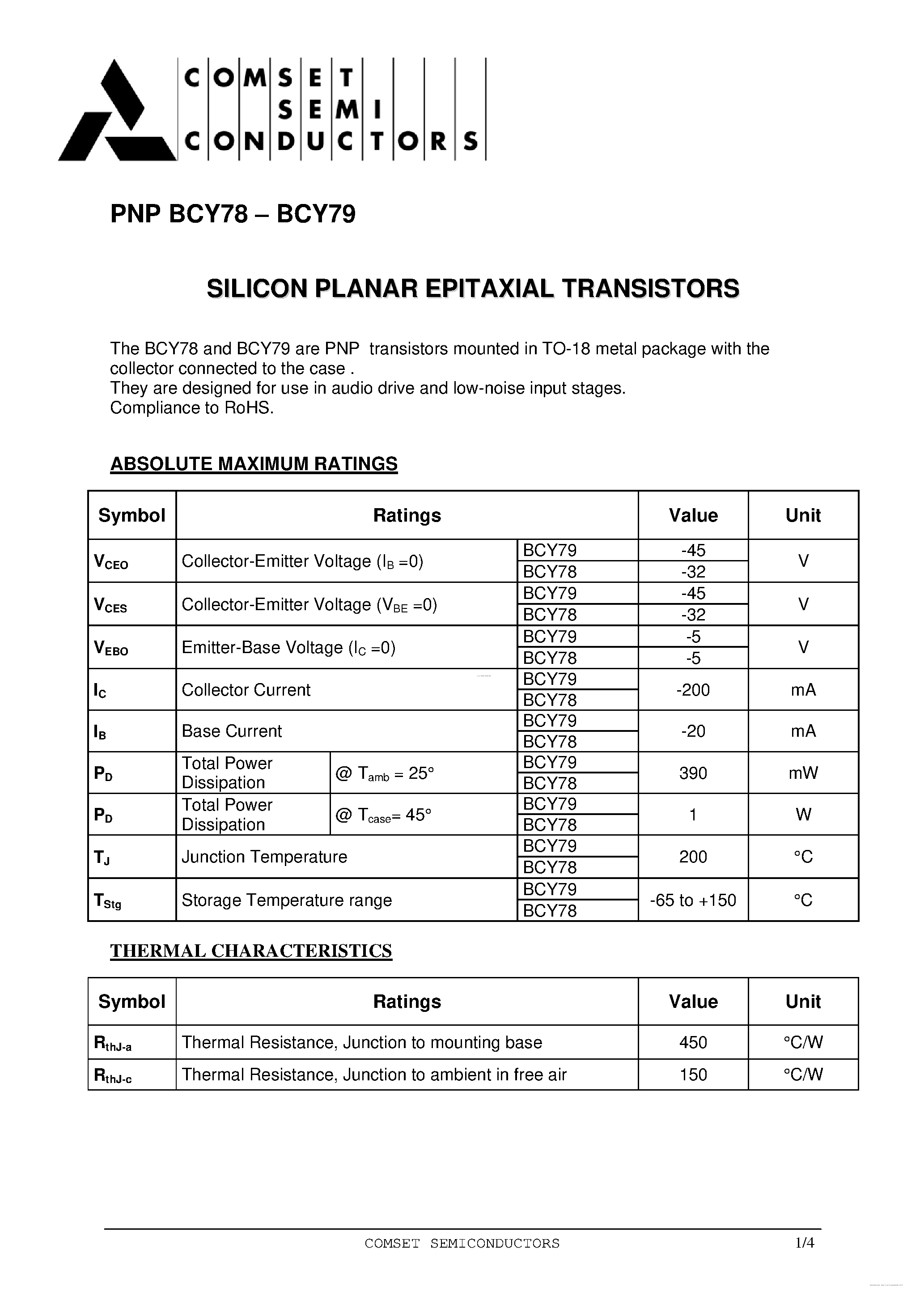 Даташит BCY78 - (BCY78 / BCY79) SILICON PLANAR EPITAXIAL TRANSISTORS страница 1