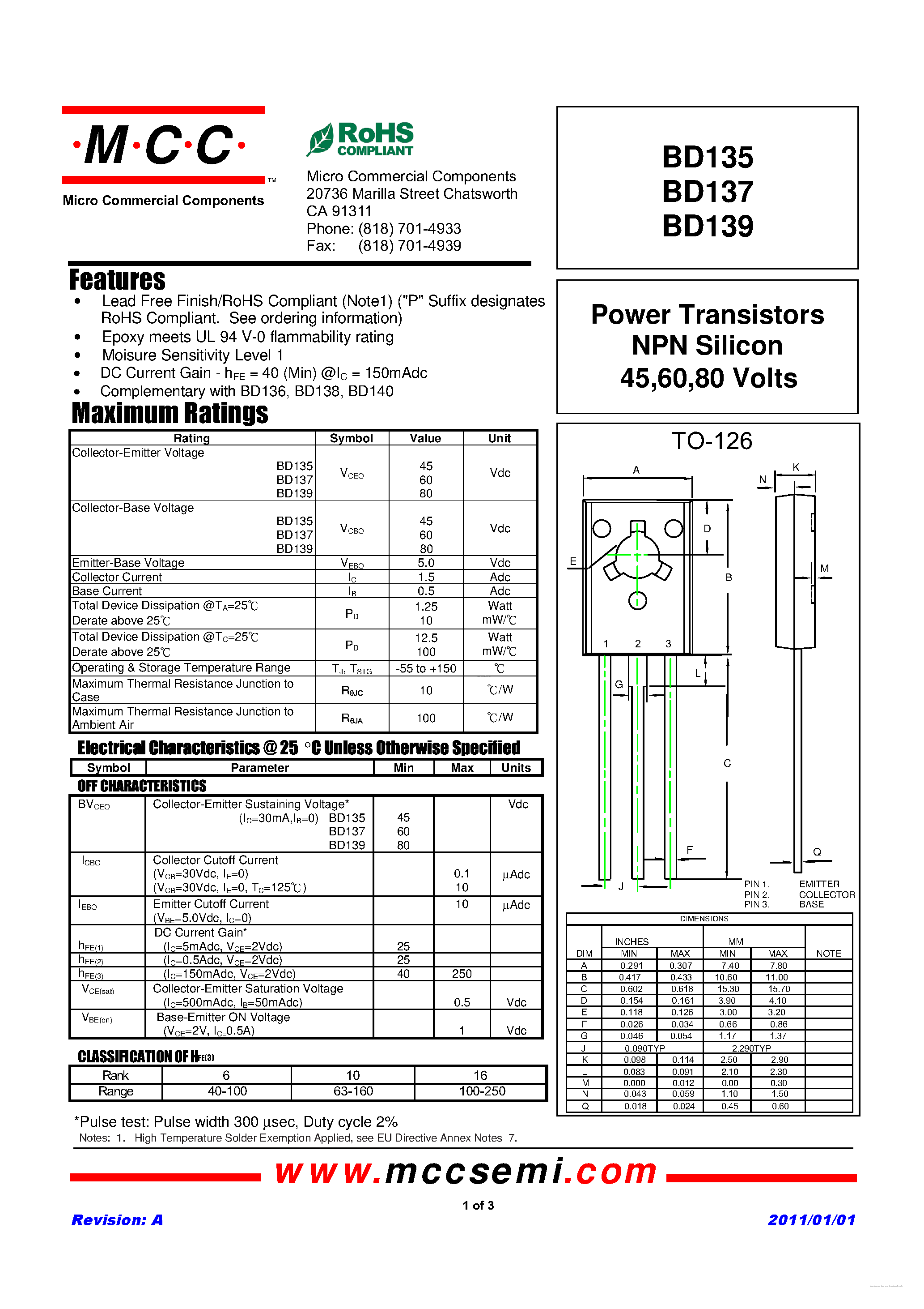 Datasheet BD135 page 1 Datasheet BD135 - (BD135 - BD139) Power Transistors NPN Silicon page 1
