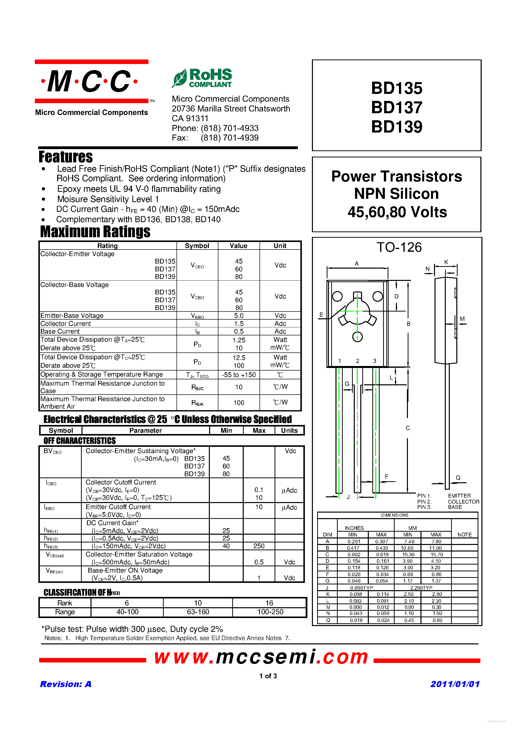 Datasheet BD135 - (BD135 - BD139) Power Transistors NPN Silicon page 1