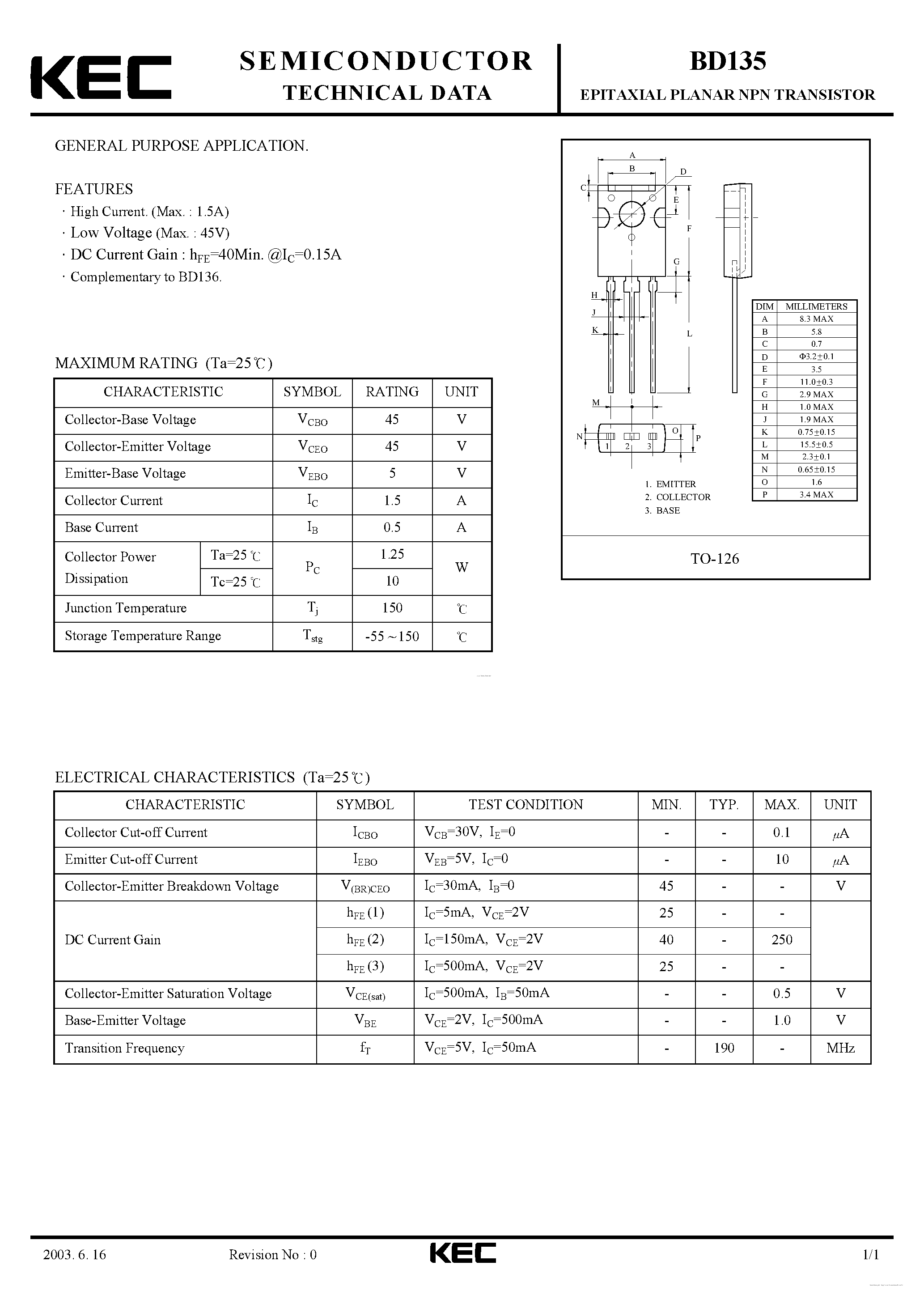 Datasheet BD135 page 1 Datasheet BD135 - EPITAXIAL PLANAR NPN TRANSISTOR page 1