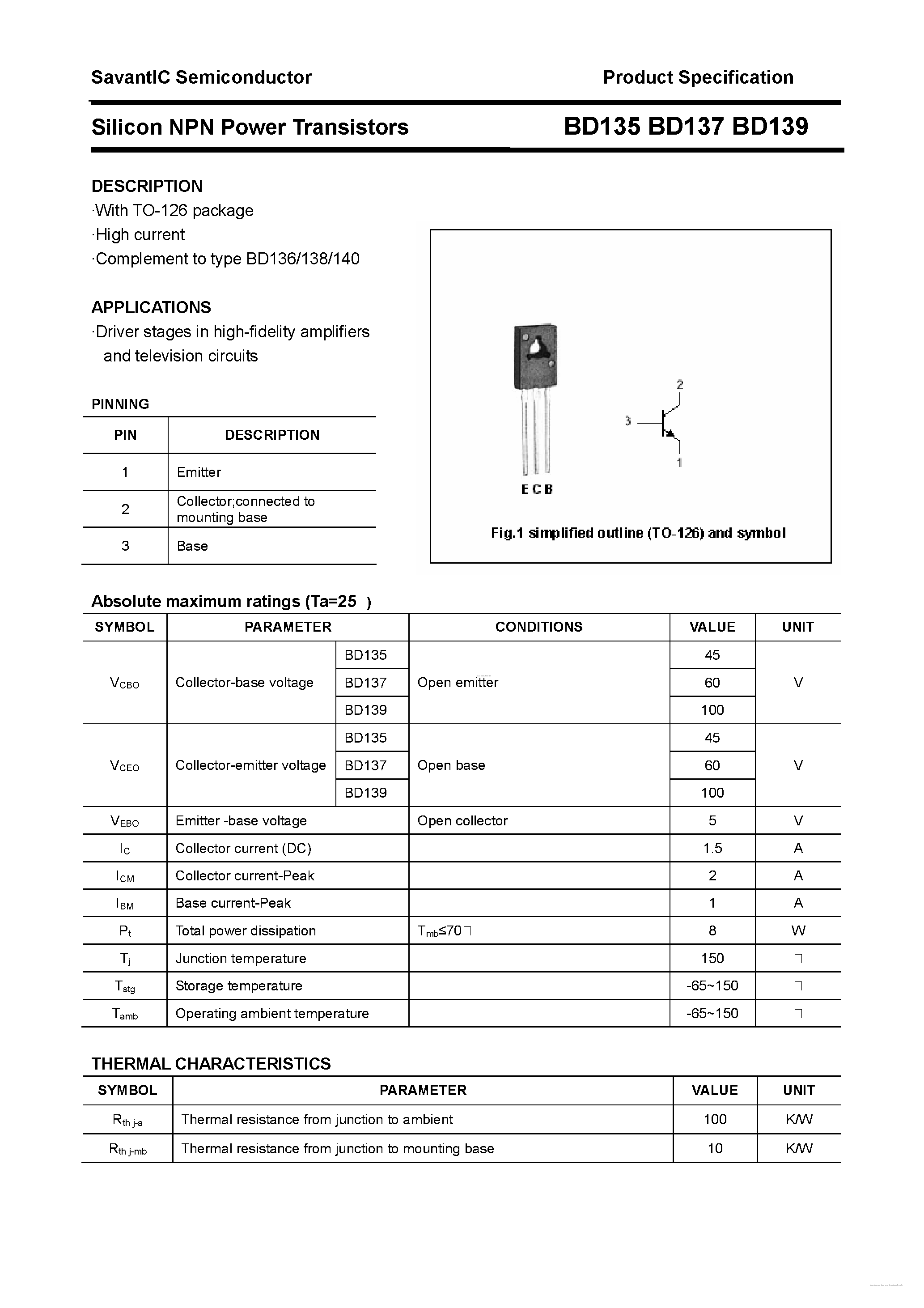 Datasheet BD135 - (BD135 - BD139) Silicon NPN Power Transistors page 1