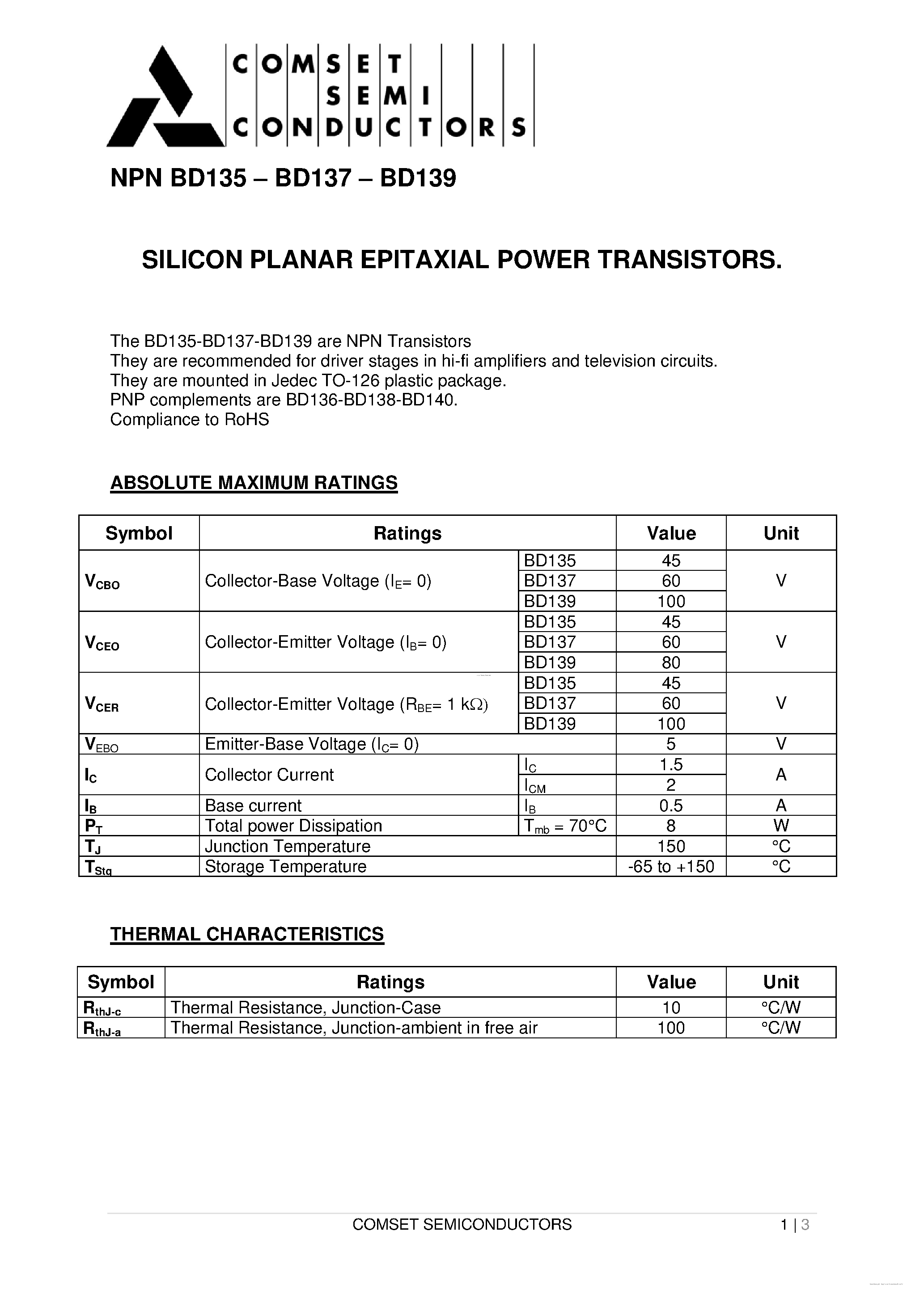 Даташит BD135 - (BD135 - BD139) SILICON PLANAR EPITAXIAL POWER TRANSISTORS страница 1