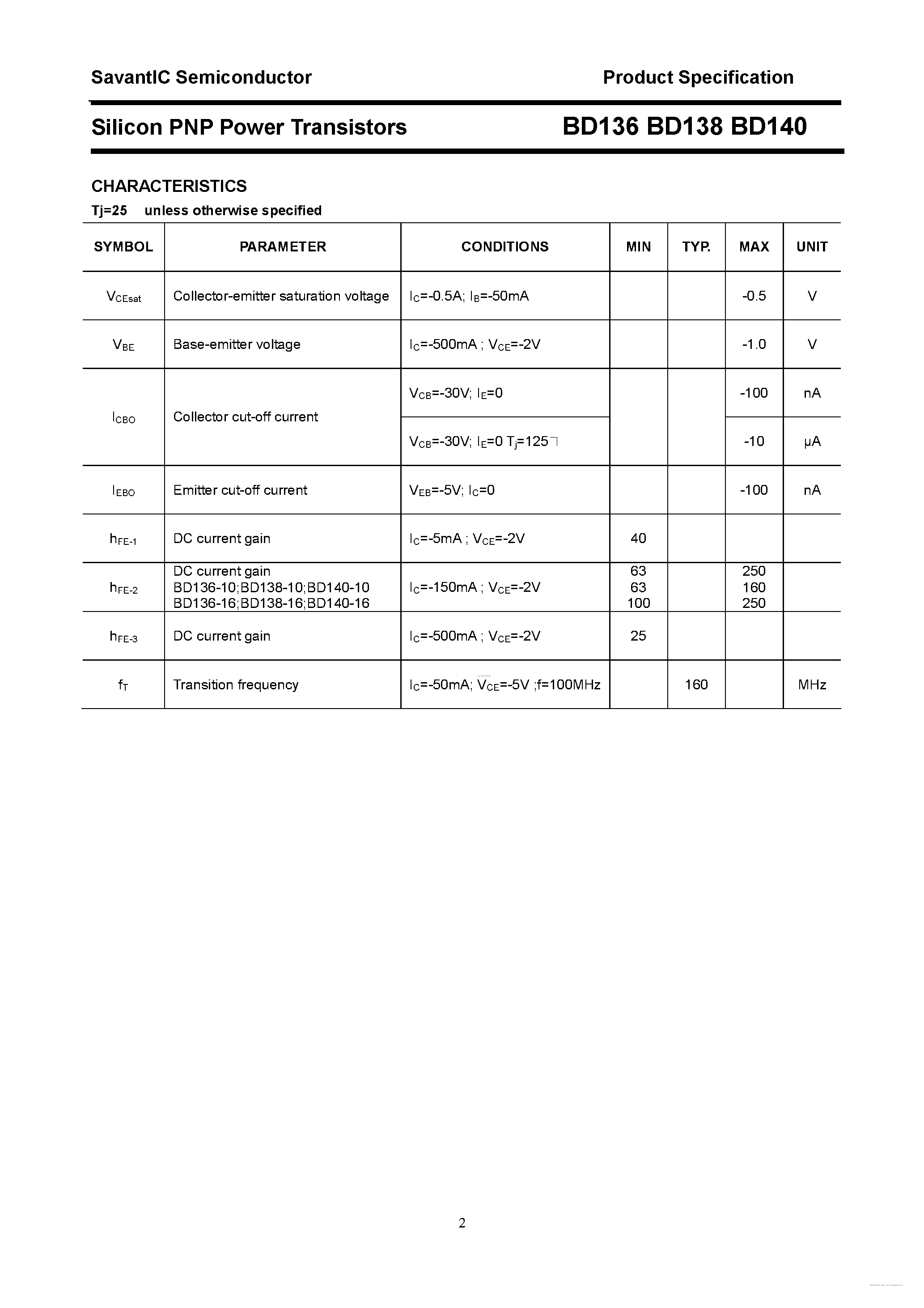 Datasheet BD136 - (BD136 - BD140) Silicon PNP Power Transistors page 2