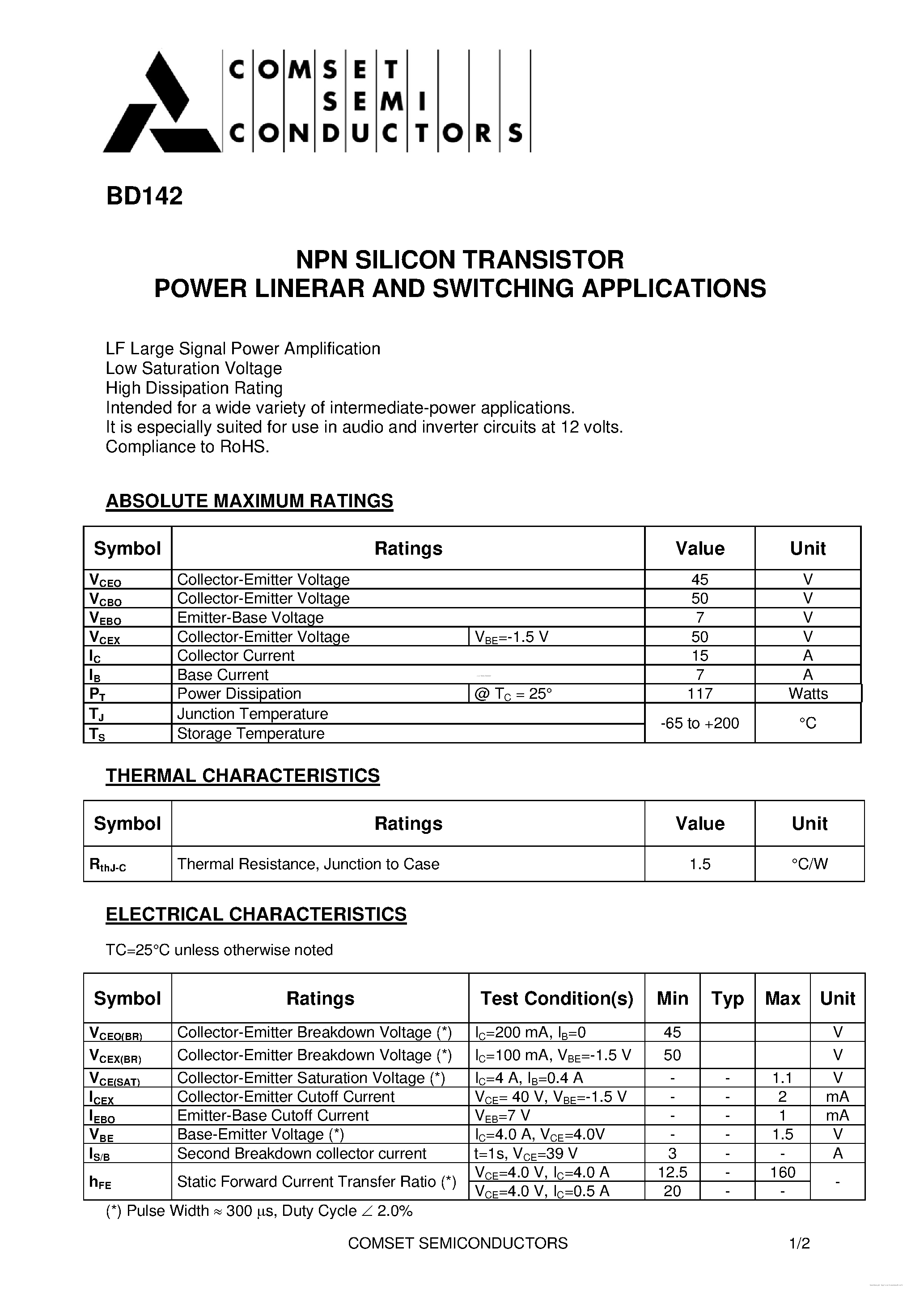 Datasheet BD142 page 1 Datasheet BD142 - NPN Silicon Transistor page 1