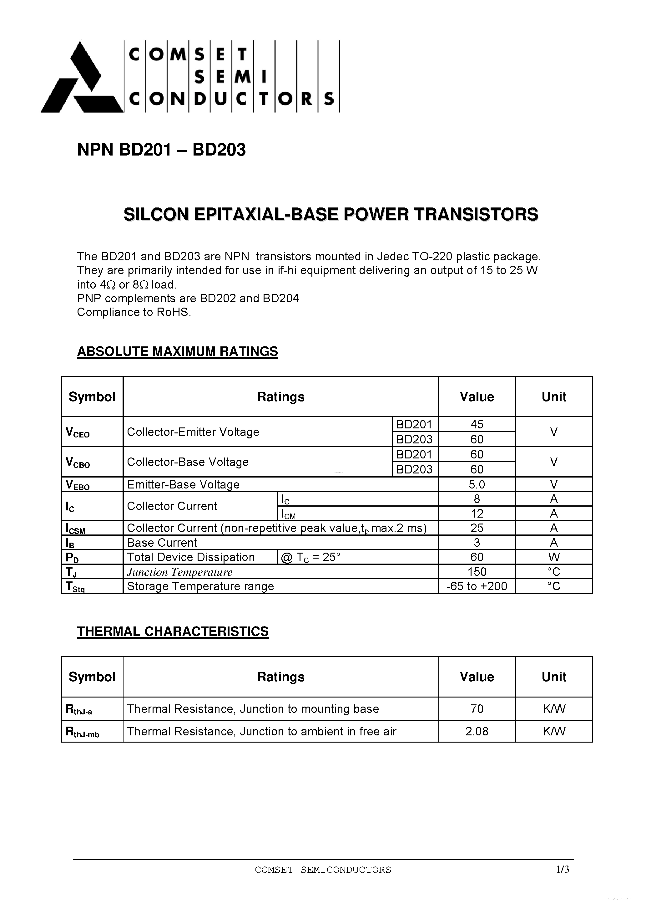 Даташит BD201 - (BD201 / BD203) SILCON EPITAXIAL-BASE POWER TRANSISTORS страница 1