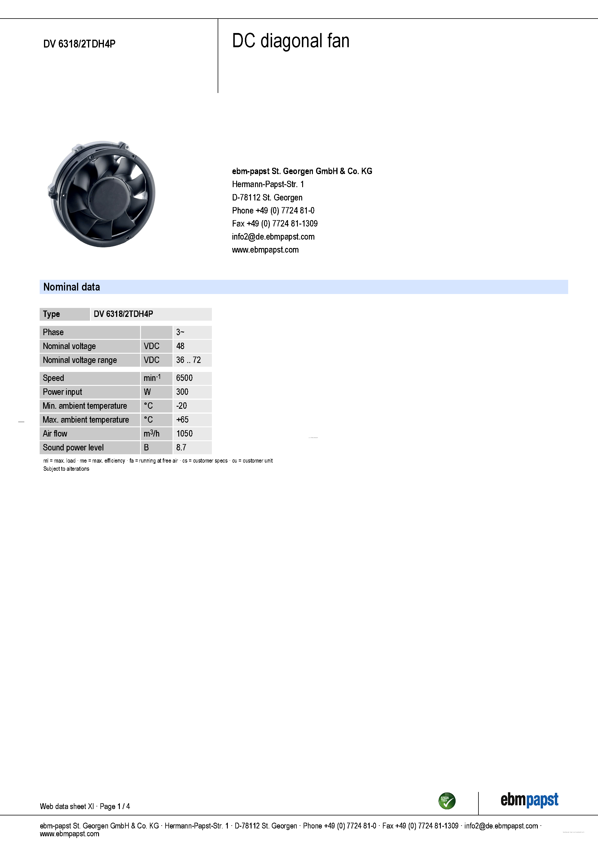 Datasheet DV6318/2TDH4P - DC diagonal fan page 1