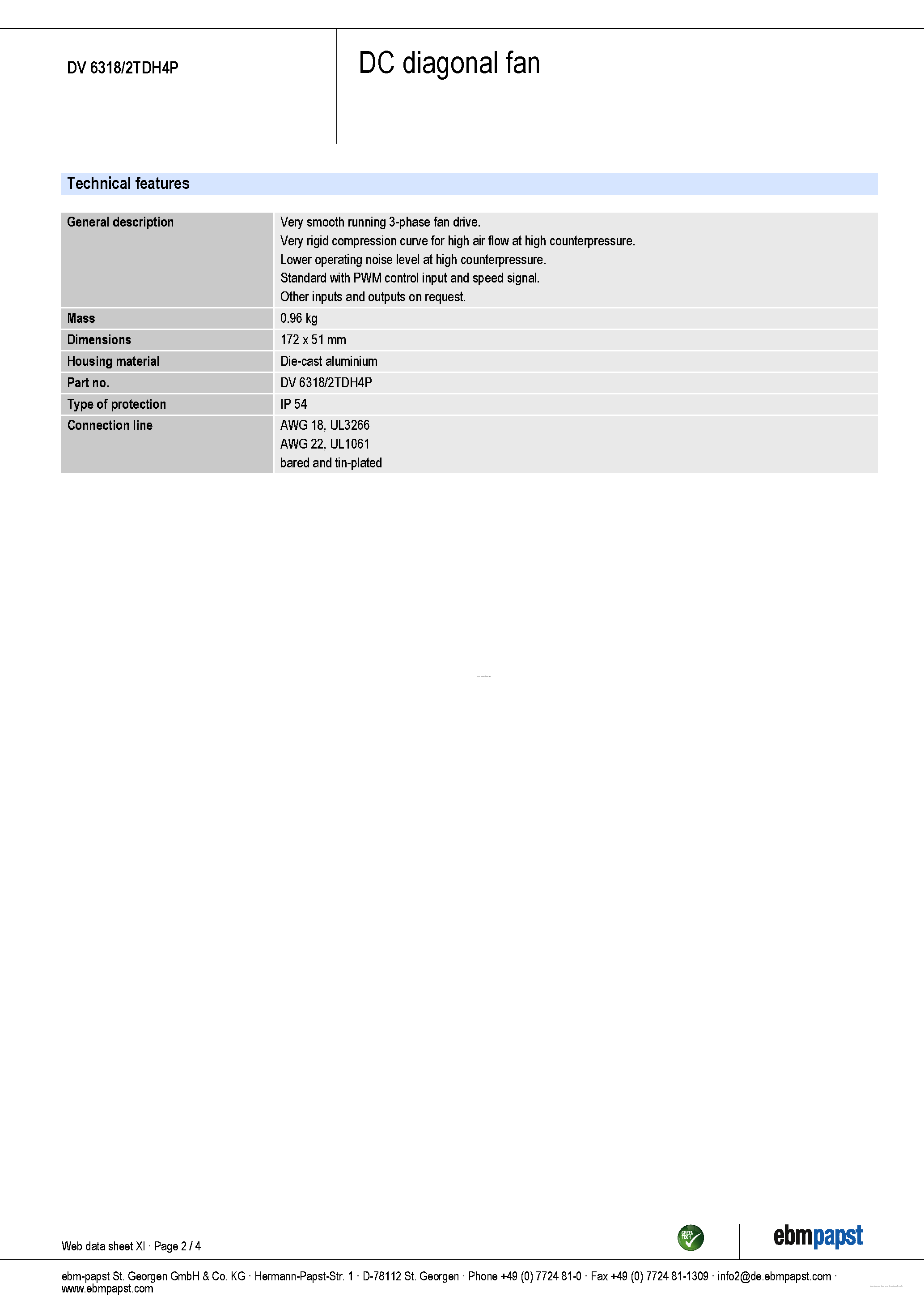 Datasheet DV6318/2TDH4P - DC diagonal fan page 2