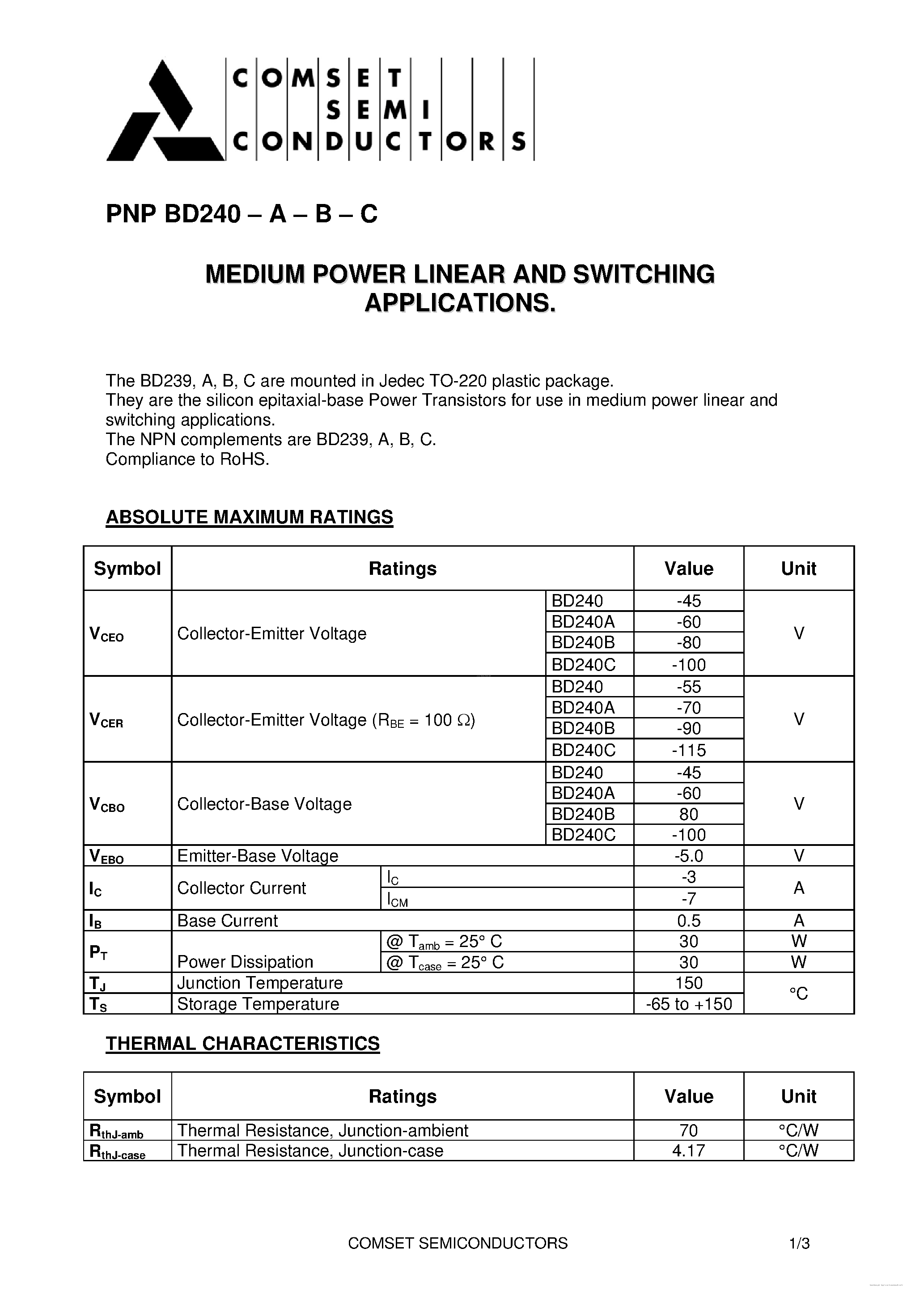 Даташит на микросхему BD240 страница 1 Даташит BD240 - Medium Power Linear and Switching Applications страница 1