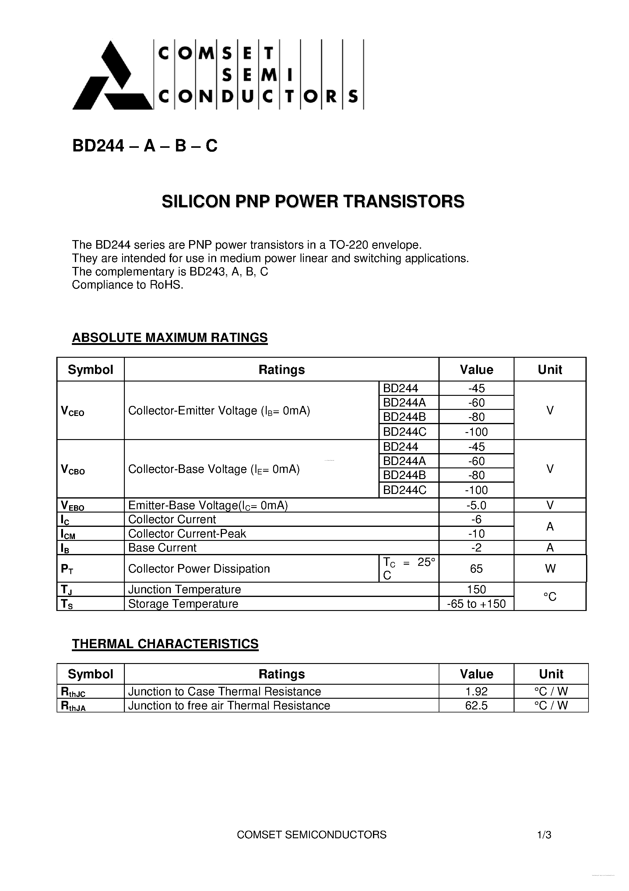 Даташит BD244 - Silicon PNP Power Transistors страница 1