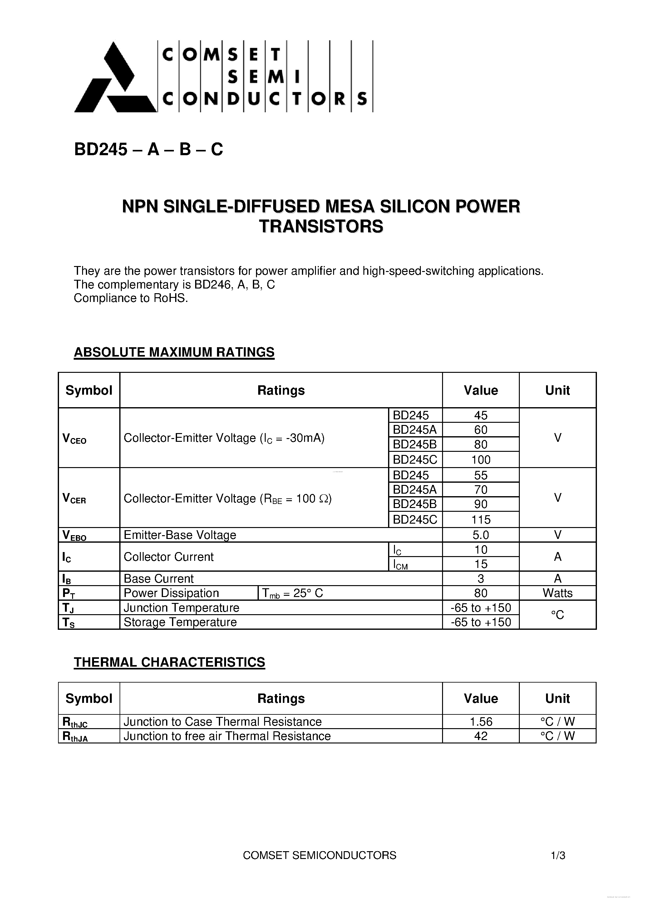 Даташит BD245 - NPN SILICON POWER TRANSISTORS страница 1