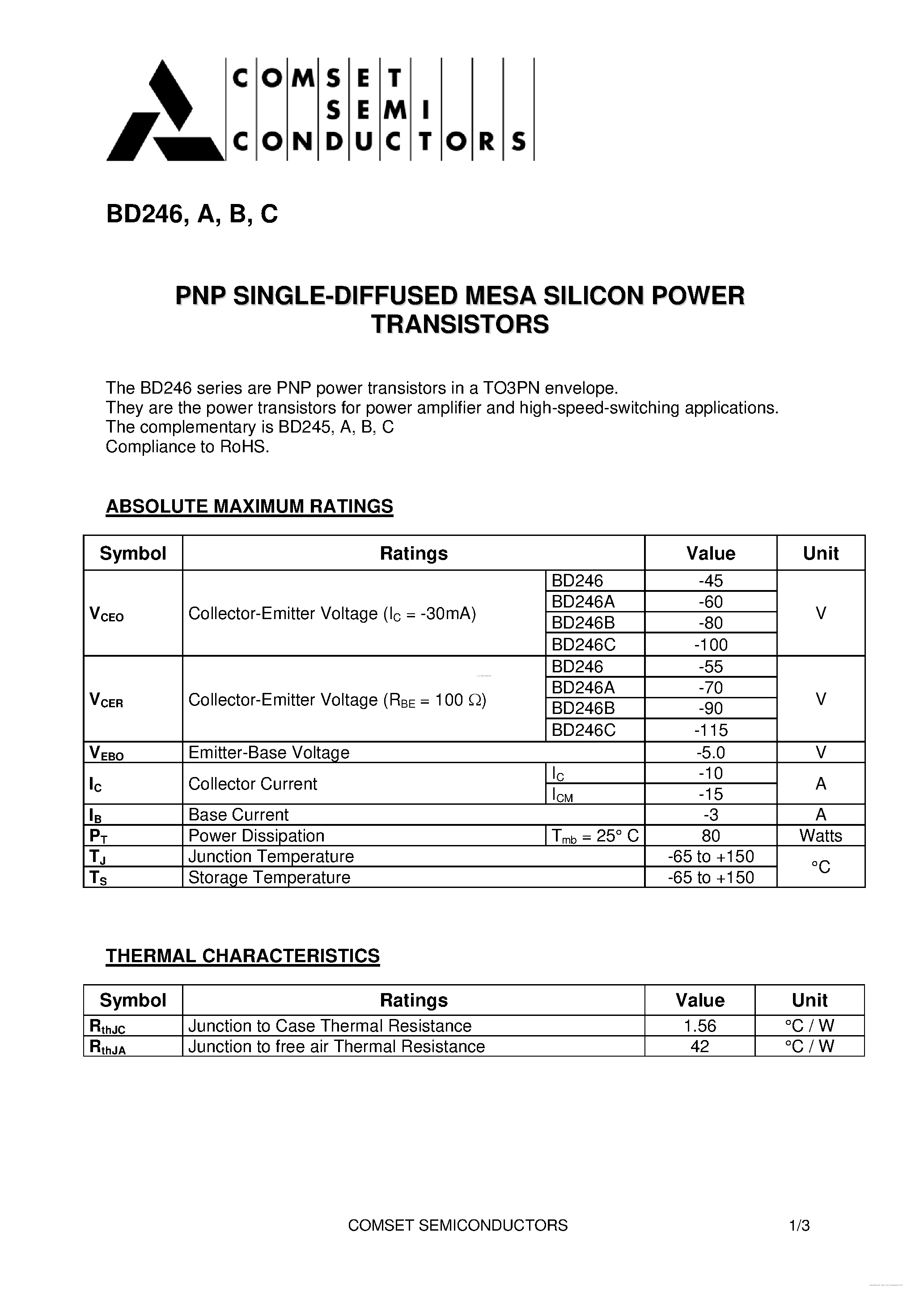Даташит BD246 - PNP SILICON POWER TRANSISTORS страница 1