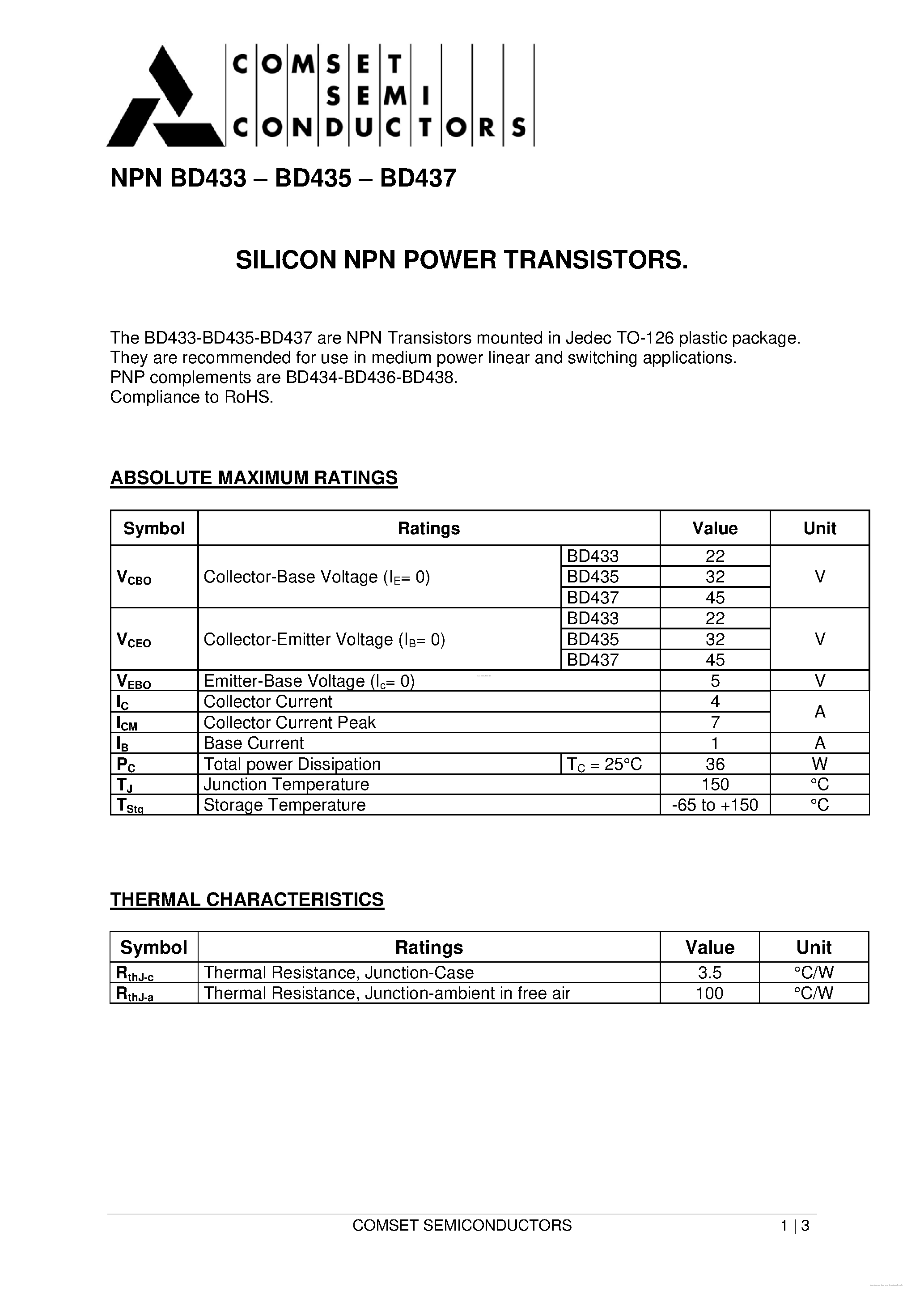 Даташит BD433 - (BD433 - BD437) Silicon NPN Power Transistors страница 1