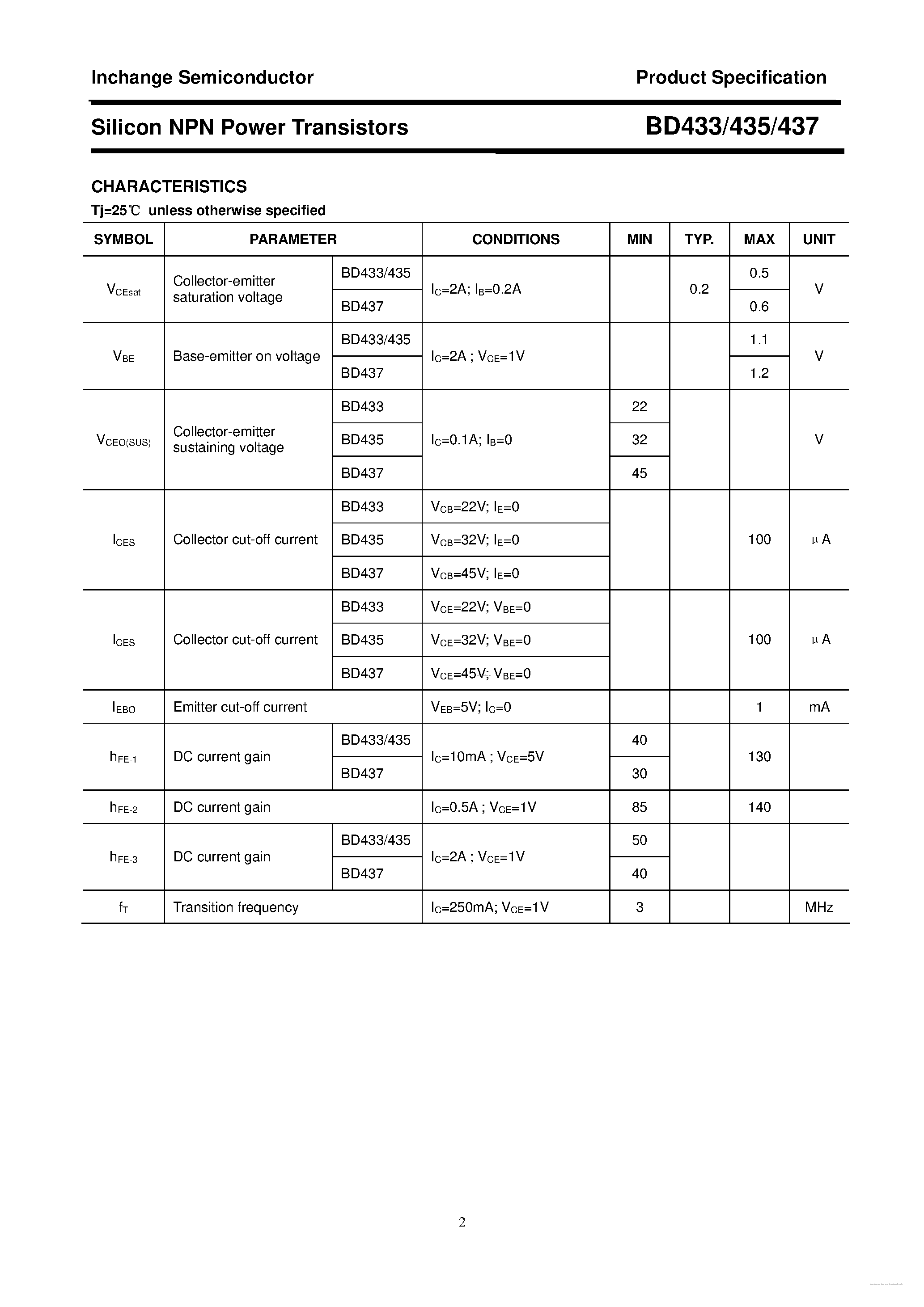 Даташит BD433 - (BD433 - BD437) Silicon NPN Power Transistors страница 2
