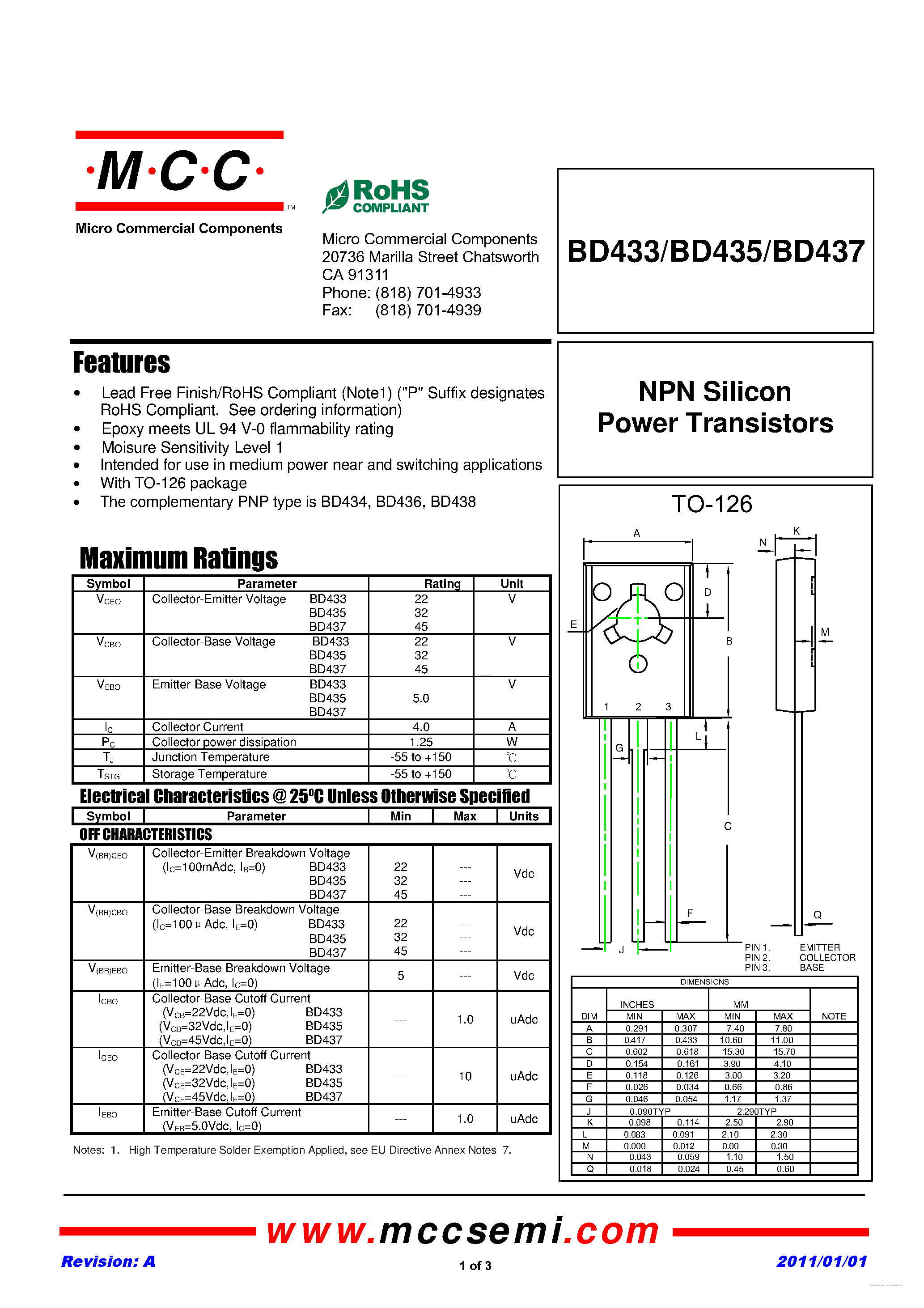 Даташит BD433 - (BD433 - BD437) NPN Silicon Power Transistors страница 1