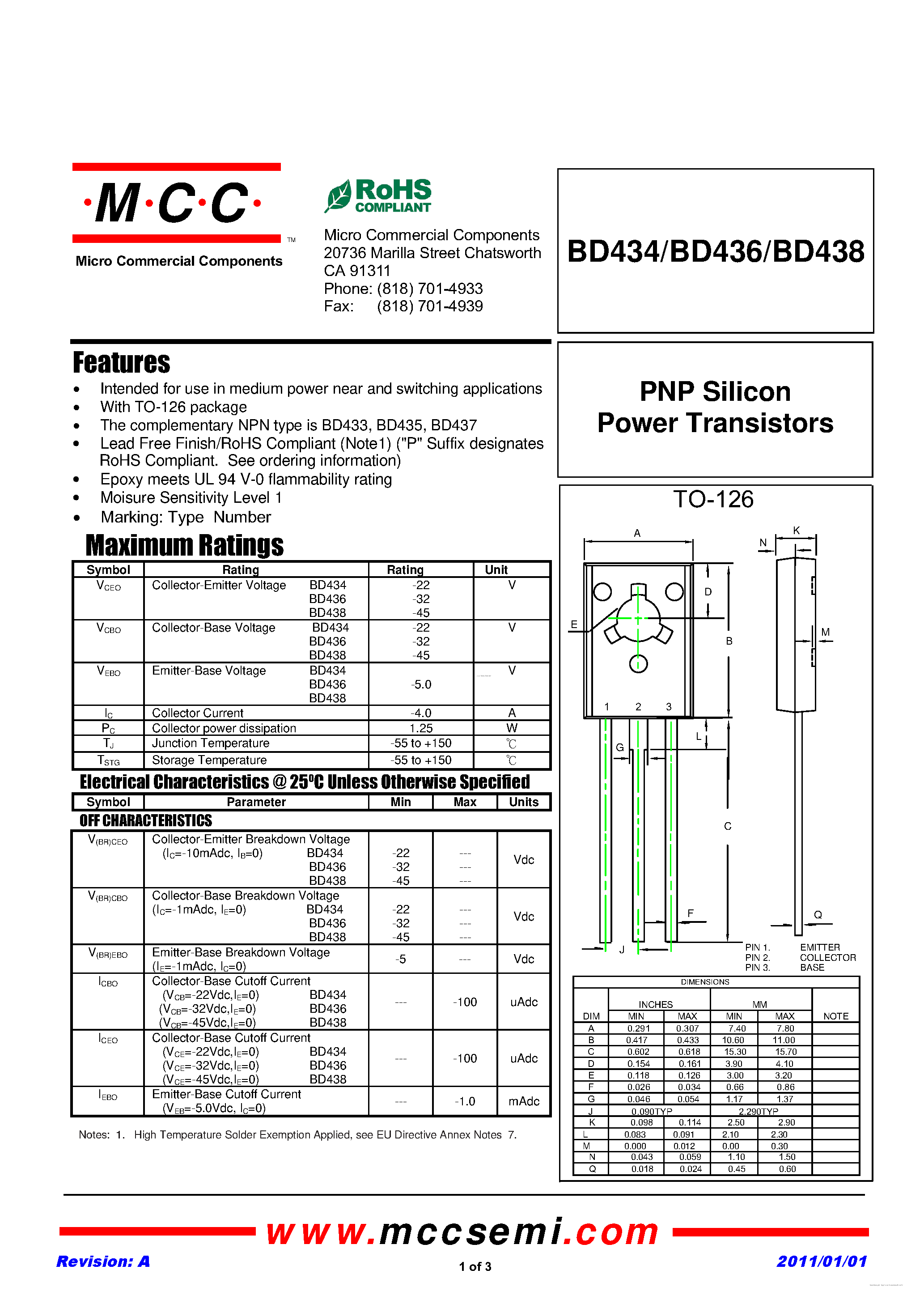 Даташит BD434 - (BD434 - BD438) PNP Silicon Power Transistors страница 1