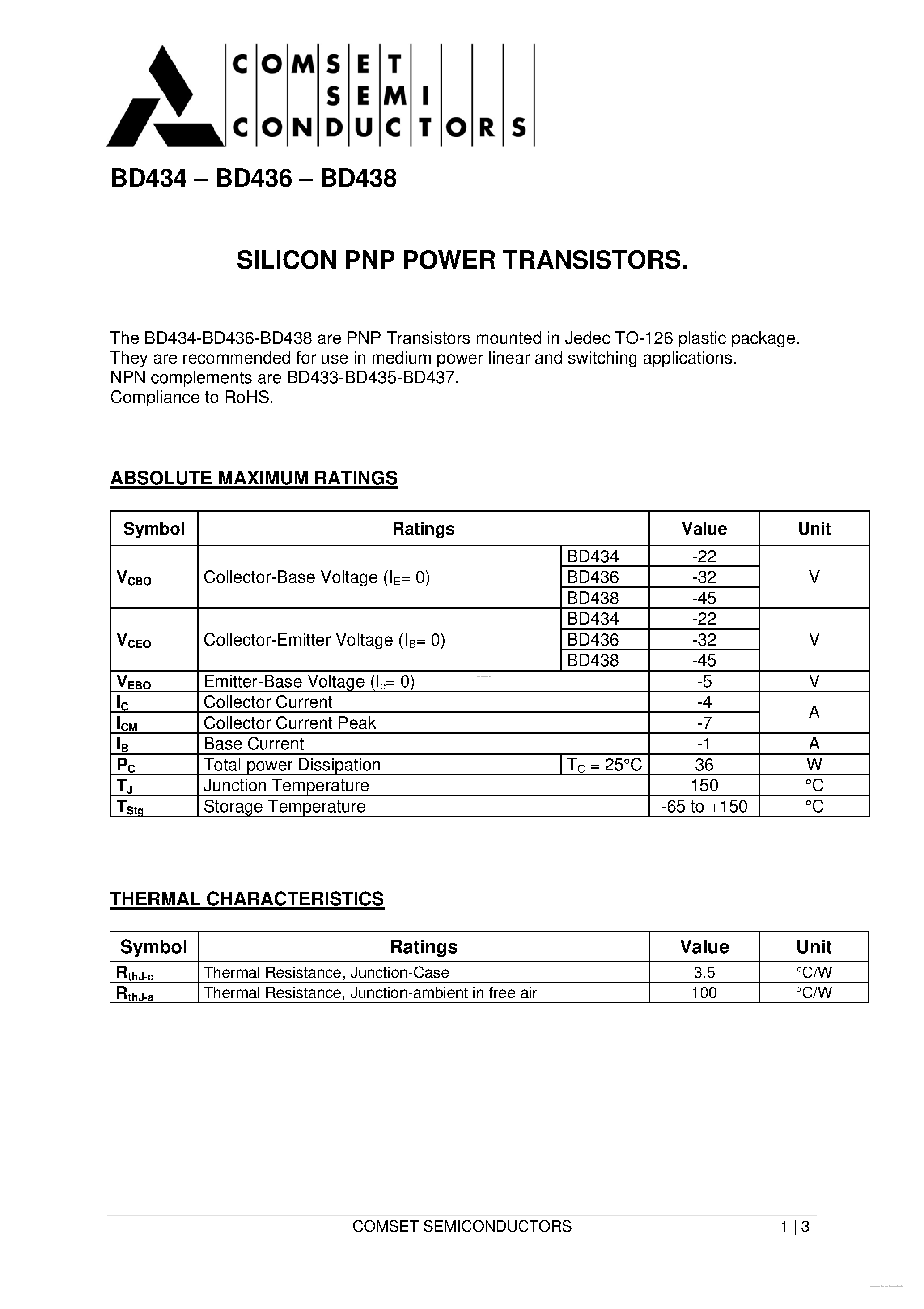 Даташит BD434 - (BD434 - BD438) Silicon PNP Power Transistors страница 1
