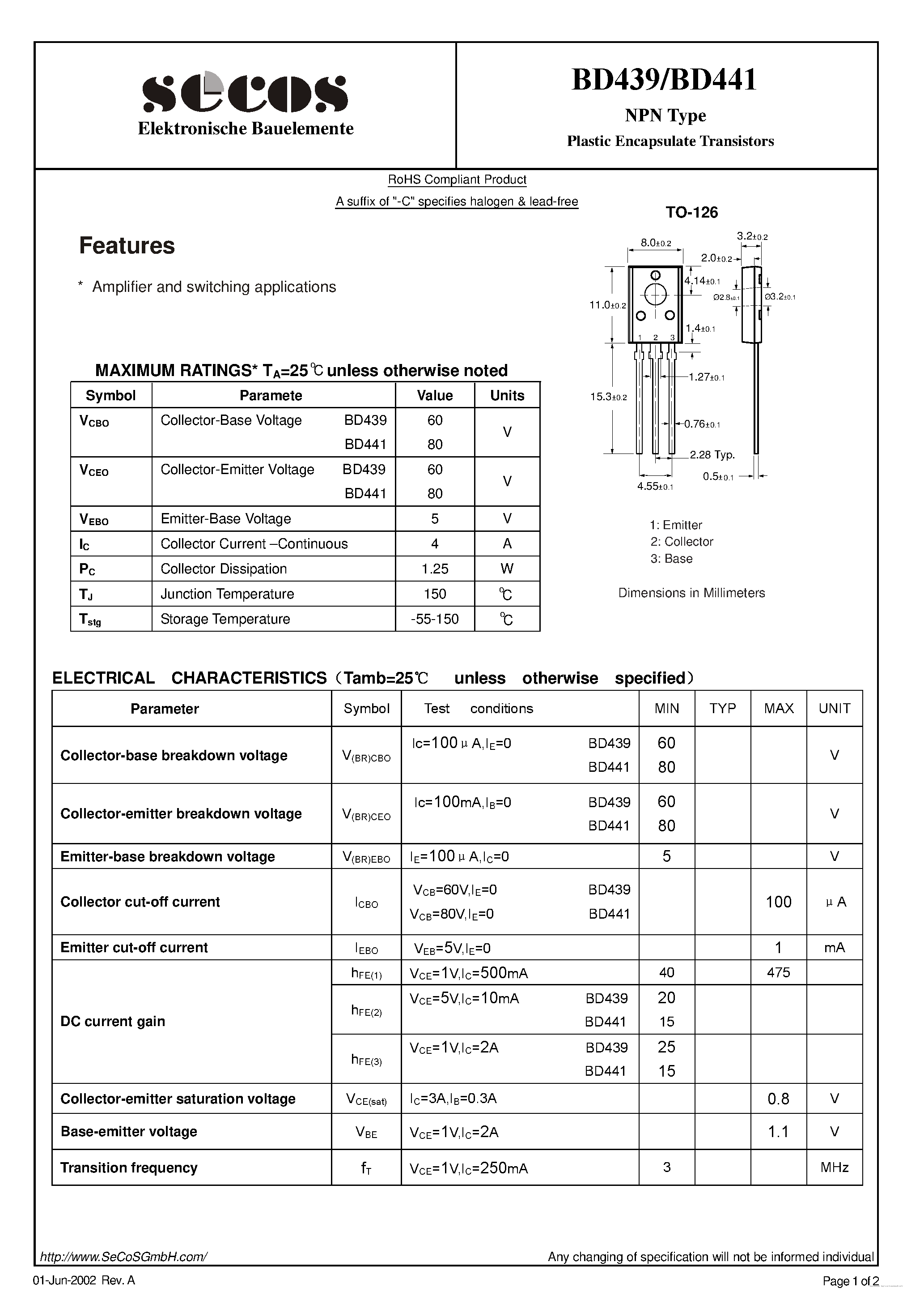 Даташит на микросхему BD439 страница 1 Даташит BD439 - (BD439 / BD441) Plastic Encapsulate Transistors страница 1