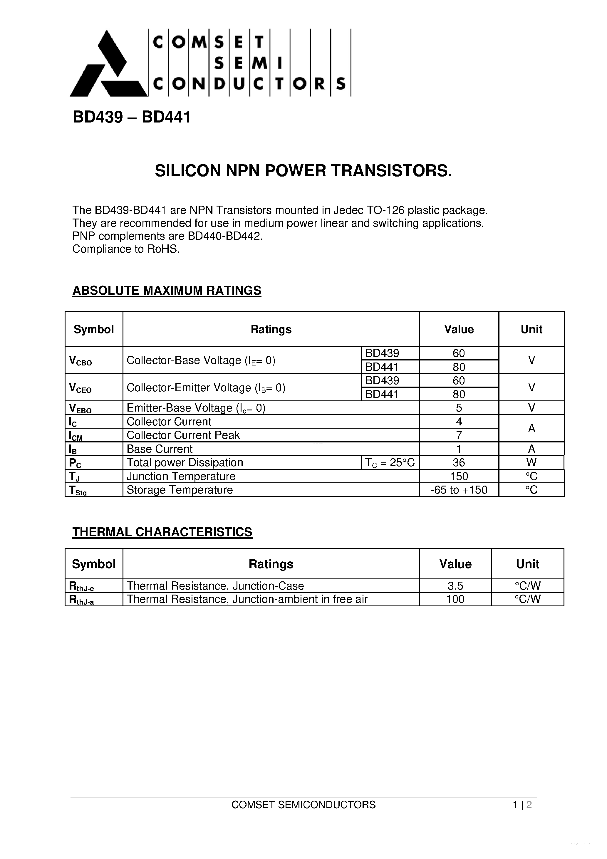 Даташит на микросхему BD439 страница 1 Даташит BD439 - (BD439 / BD441) Silicon NPN Power Transistors страница 1