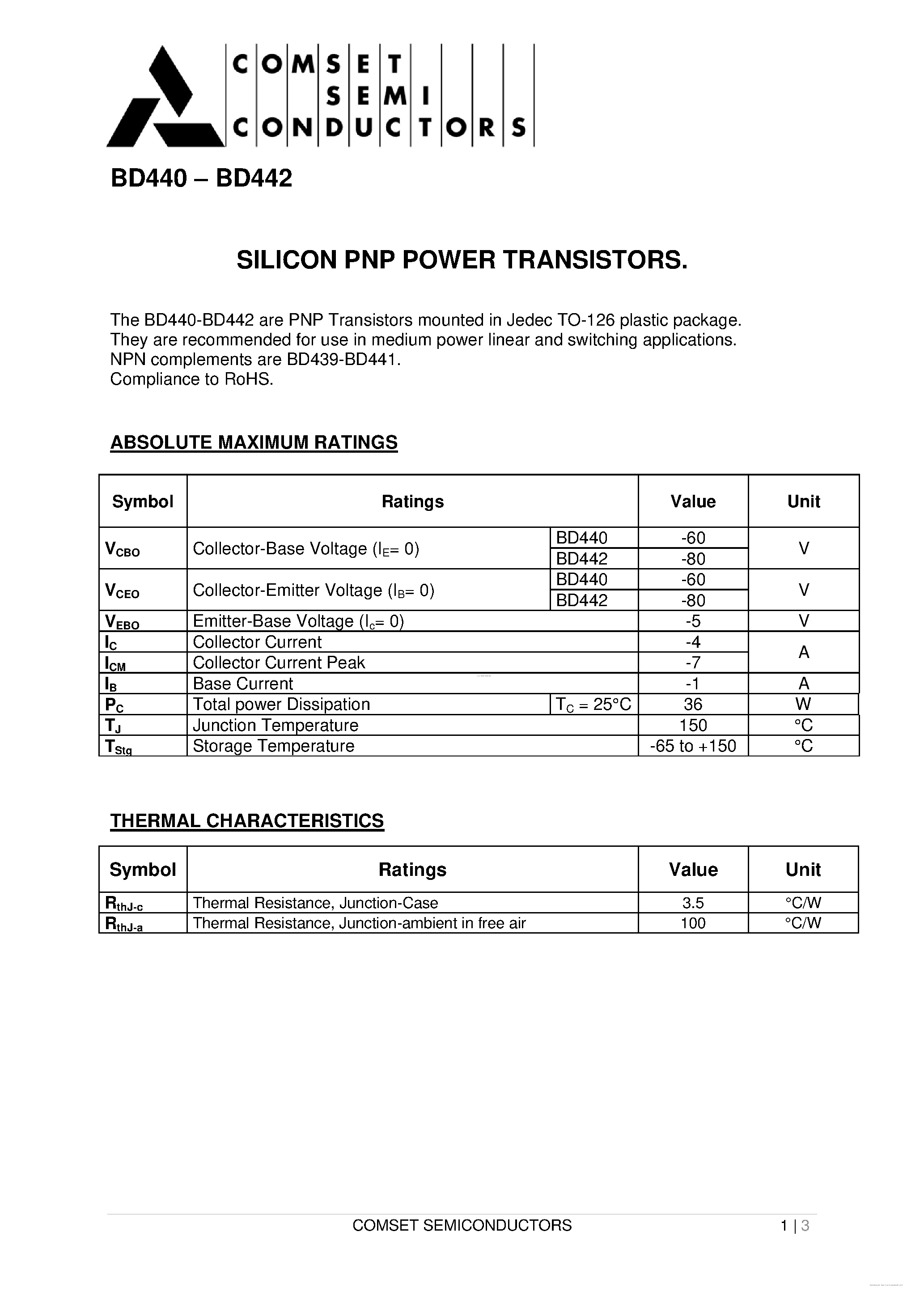 Даташит BD440 - (BD440 / BD442) Silicon PNP Power Transistors страница 1