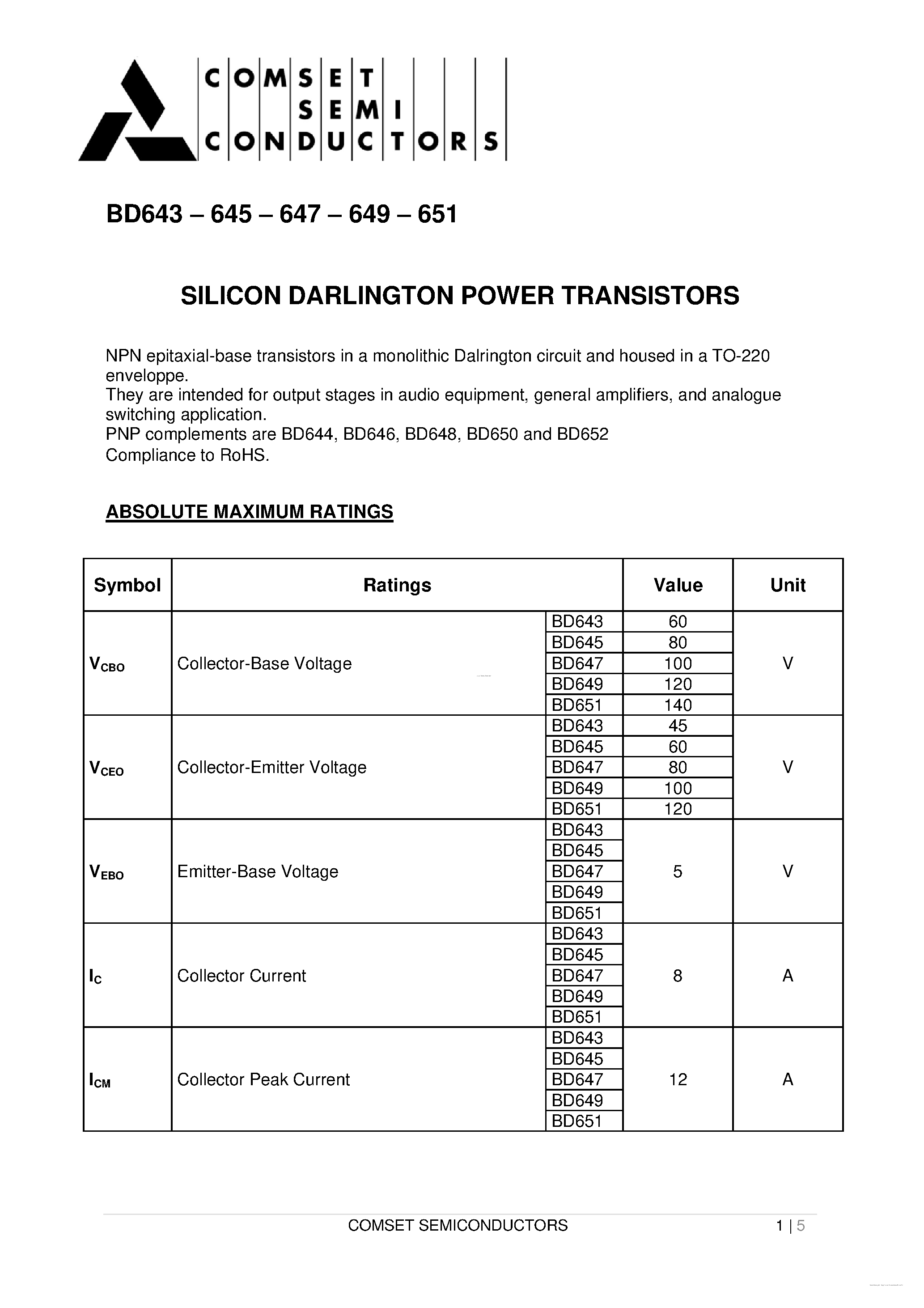 Даташит на микросхему BD643 страница 1 Даташит BD643 - (BD643 - BD651) SILICON DARLINGTON POWER TRANSISTORS страница 1
