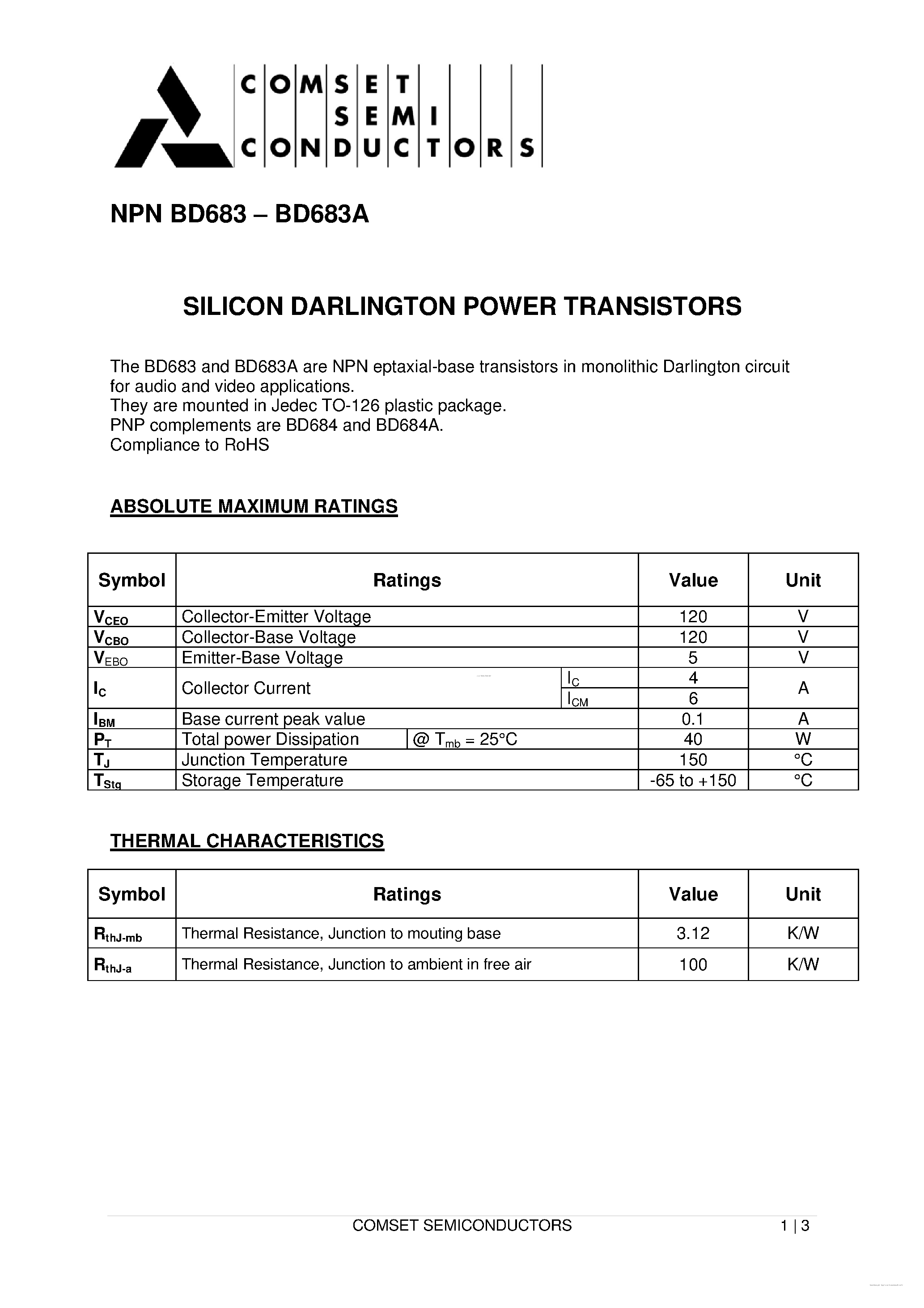 Даташит BD683 - SILICON DARLINGTON POWER TRANSISTORS страница 1