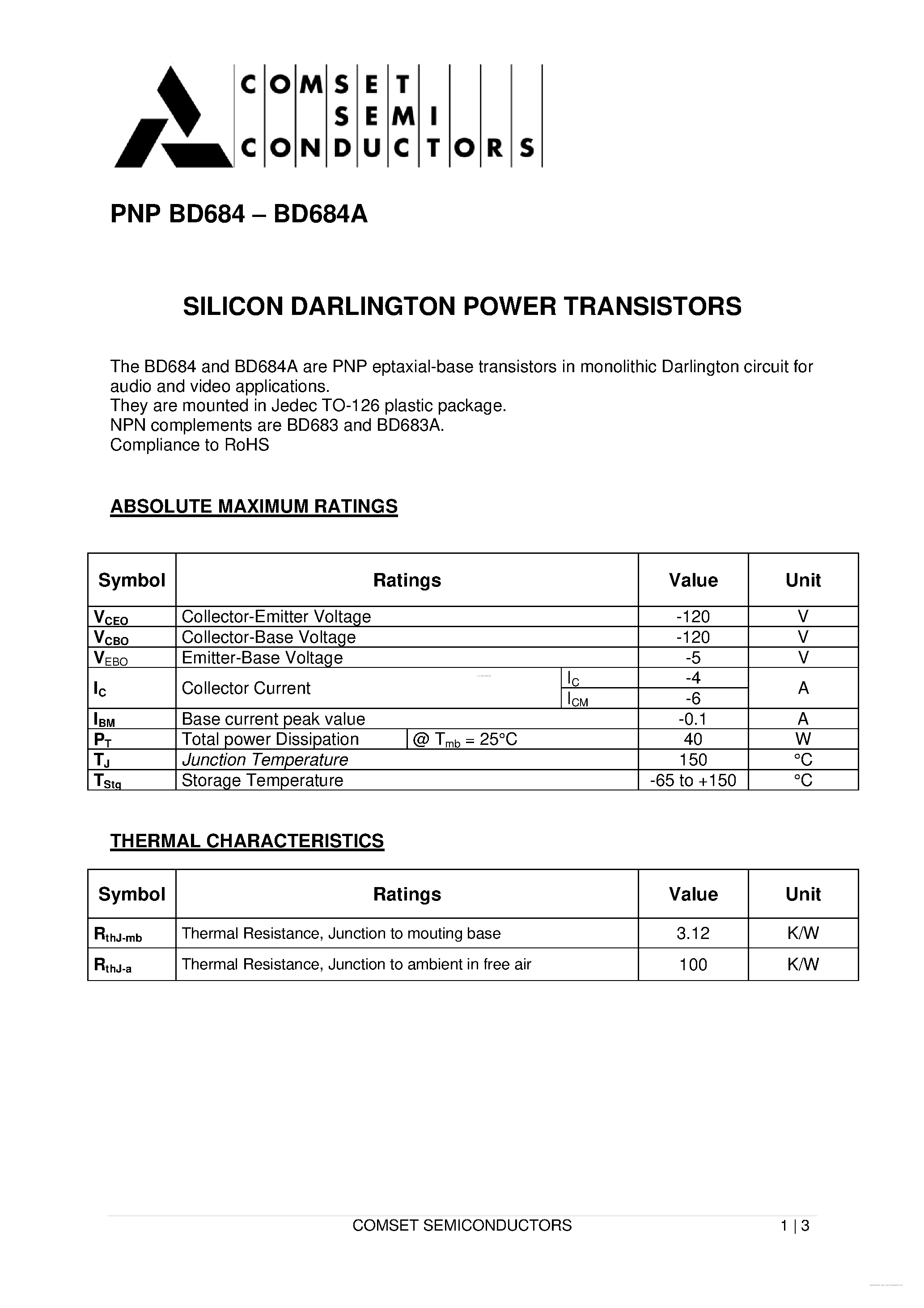 Даташит BD684 - SILICON DARLINGTON POWER TRANSISTORS страница 1