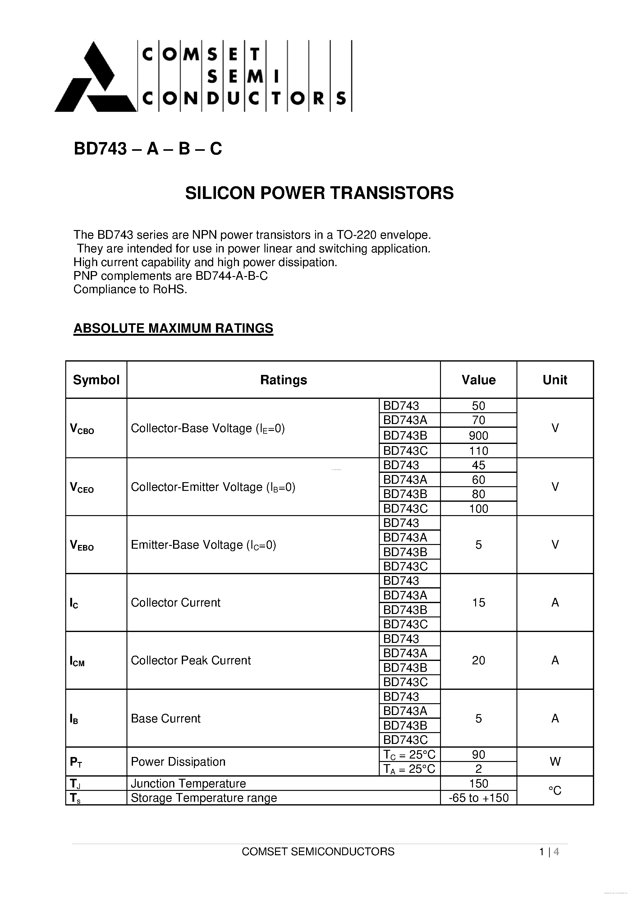 Даташит на микросхему BD743 страница 1 Даташит BD743 - Silicon NPN Power Transistors страница 1