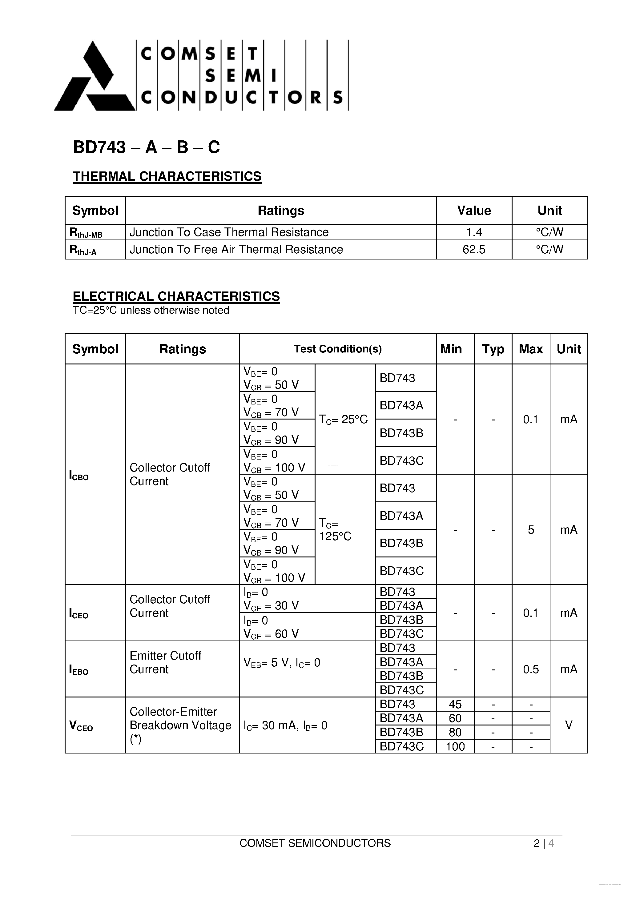 Даташит на микросхему BD743 страница 2 Даташит BD743 - Silicon NPN Power Transistors страница 2