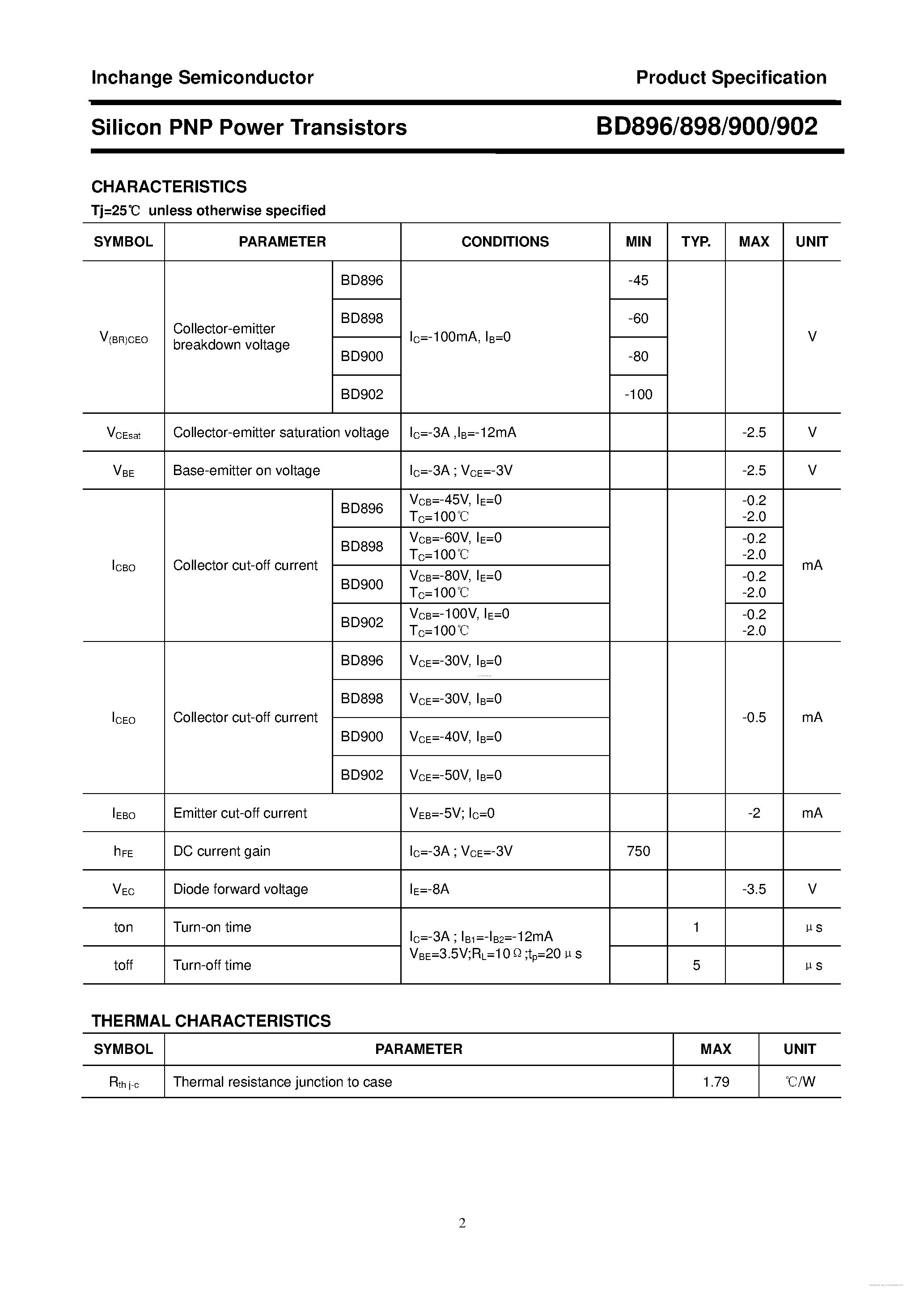 Даташит BD896 - (BD896 / BD898) Silicon PNP Power Transistors страница 2