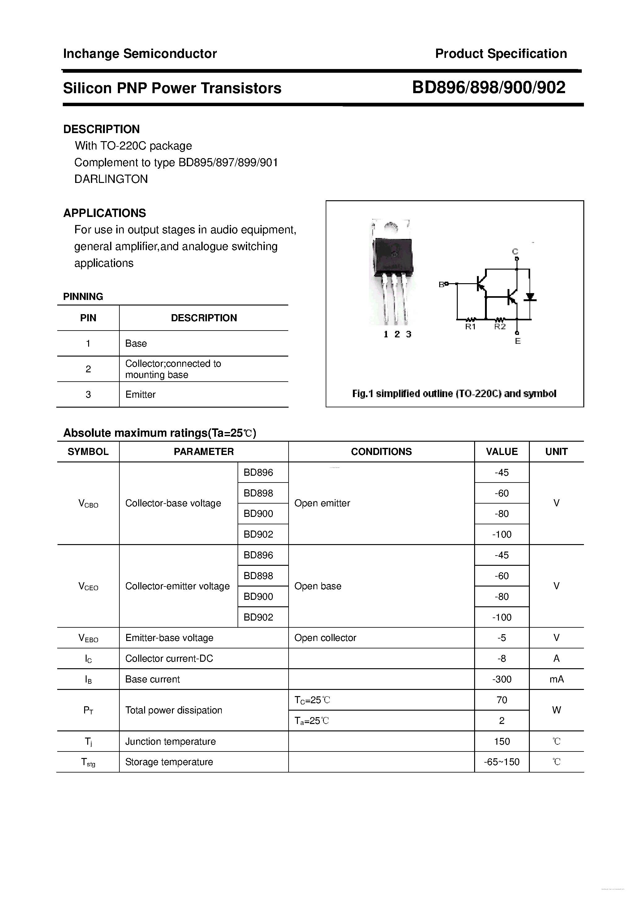 Даташит BD900 - (BD900 / BD902) Silicon PNP Power Transistors страница 1