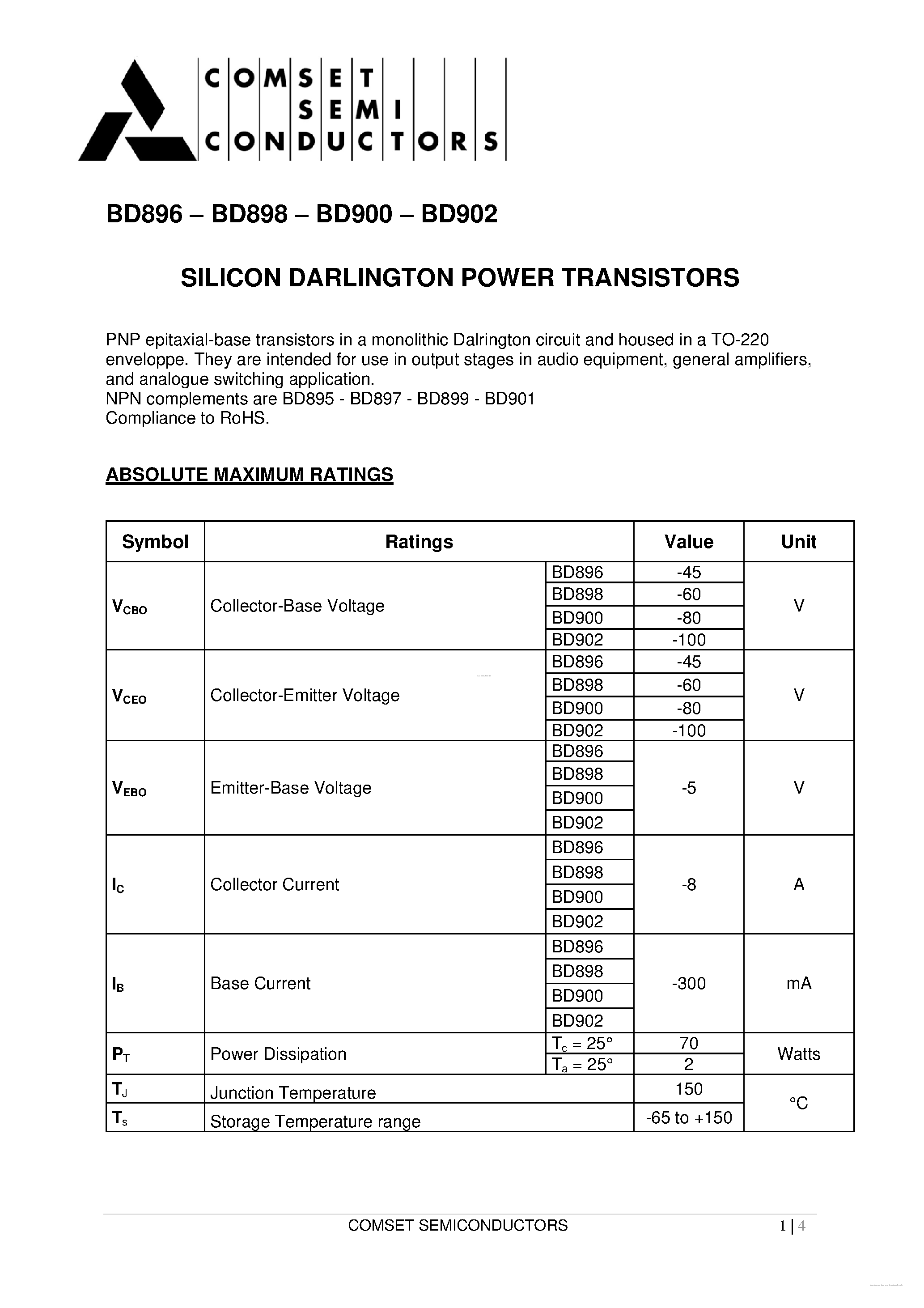 Даташит BD900 - (BD900 / BD902) Silicon NPN Power Transistors страница 1