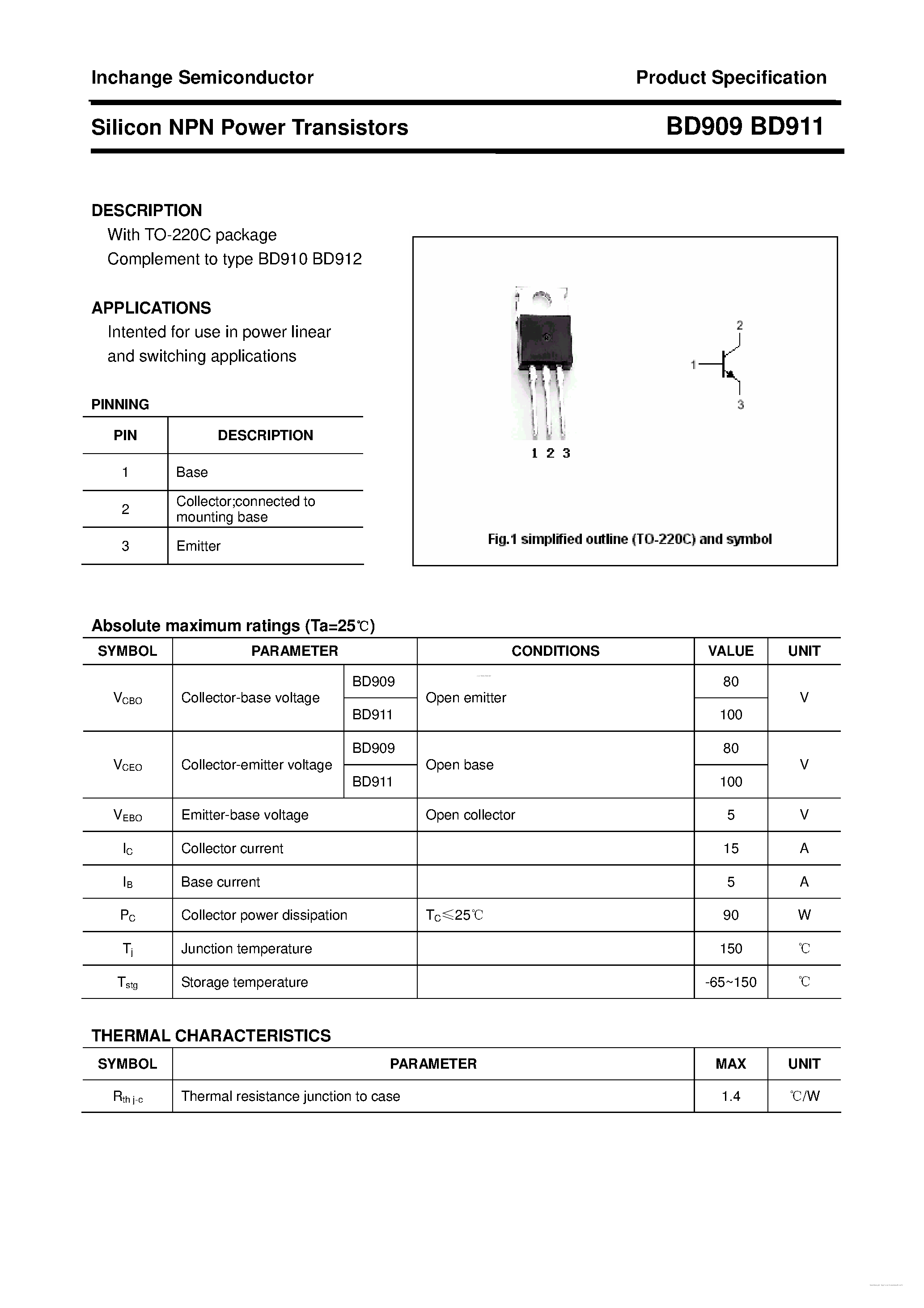 Даташит на микросхему BD909 страница 1 Даташит BD909 - (BD909 / BD911) Silicon NPN Power Transistors страница 1