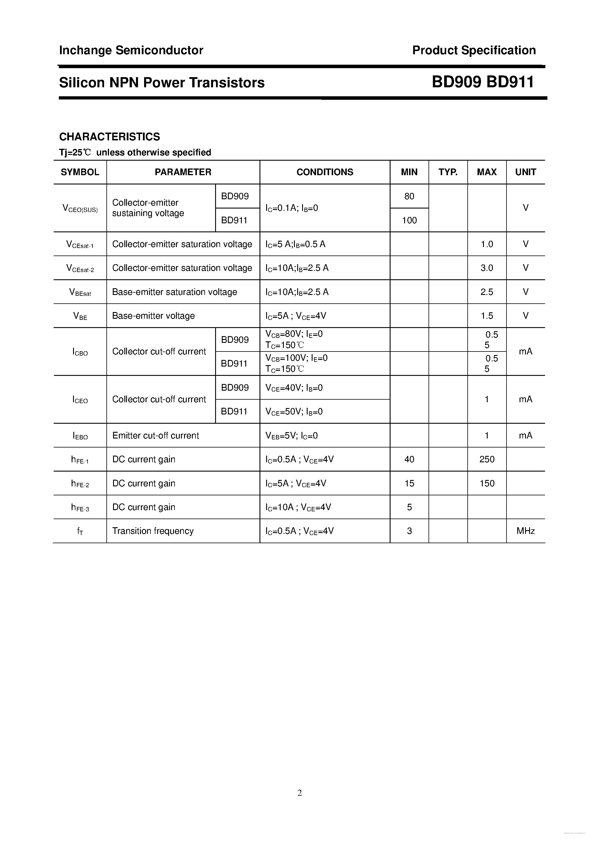Даташит на микросхему BD909 страница 2 Даташит BD909 - (BD909 / BD911) Silicon NPN Power Transistors страница 2