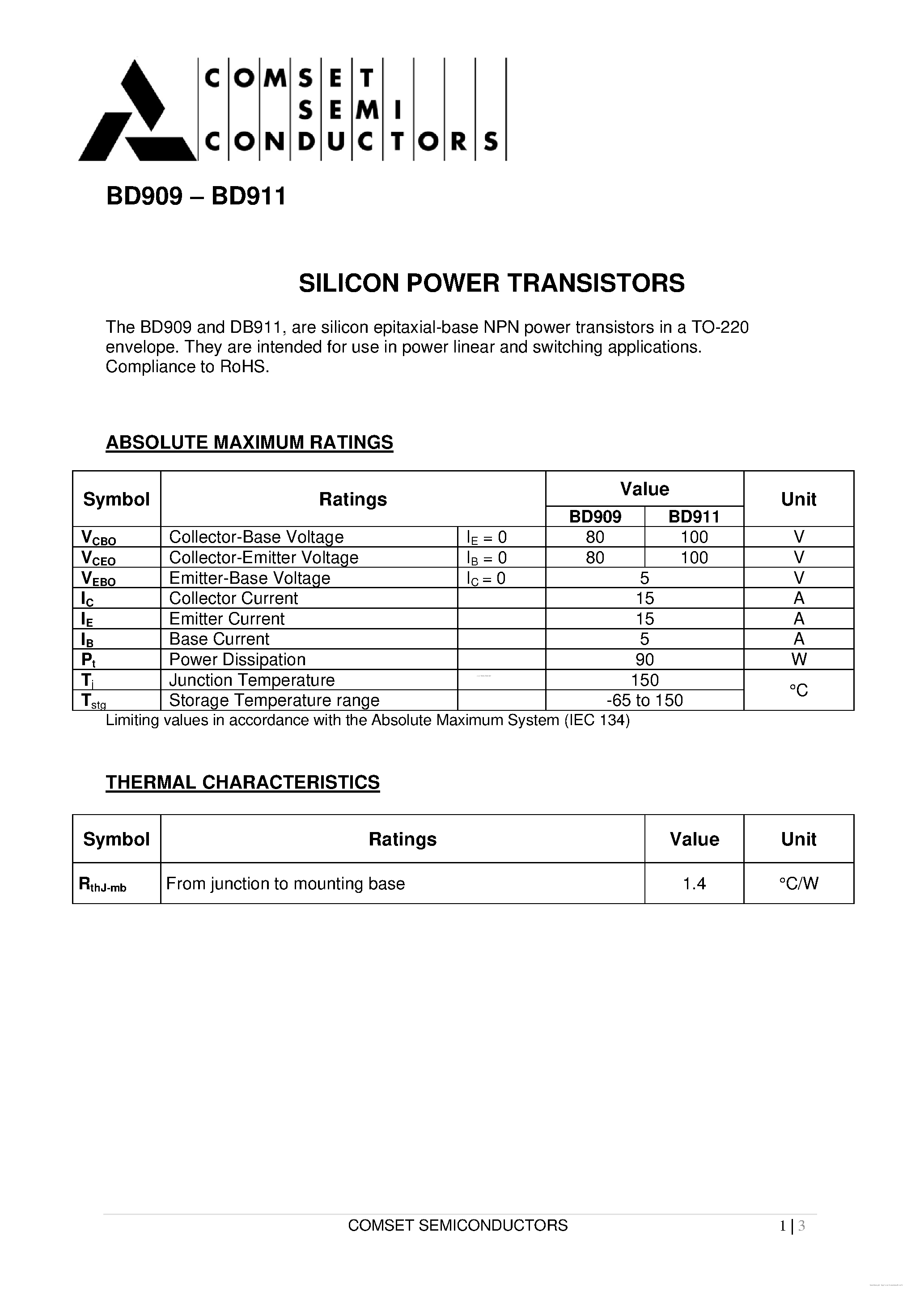 Даташит BD909 - (BD909 / BD911) Silicon NPN Power Transistors страница 1