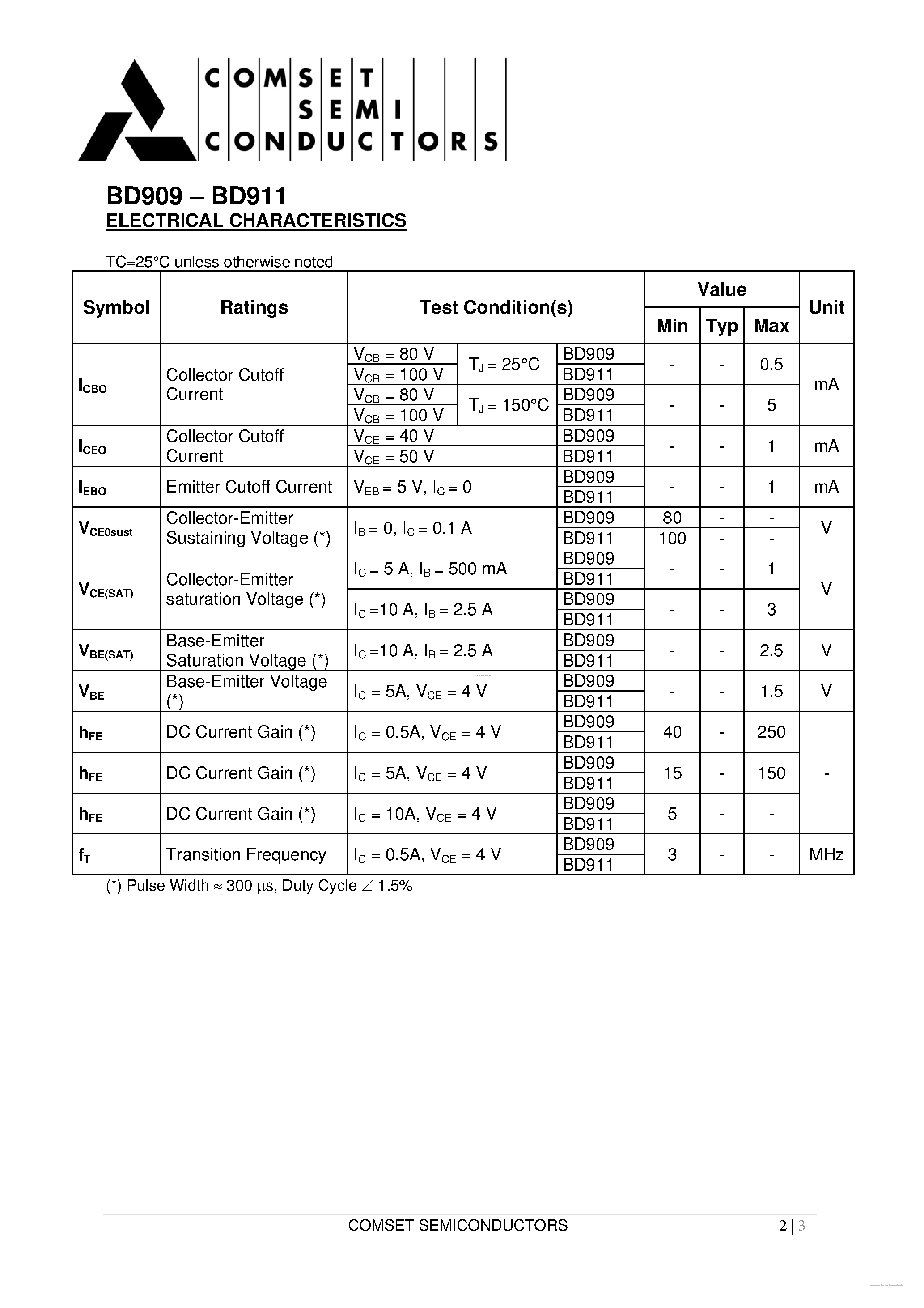 Даташит BD909 - (BD909 / BD911) Silicon NPN Power Transistors страница 2
